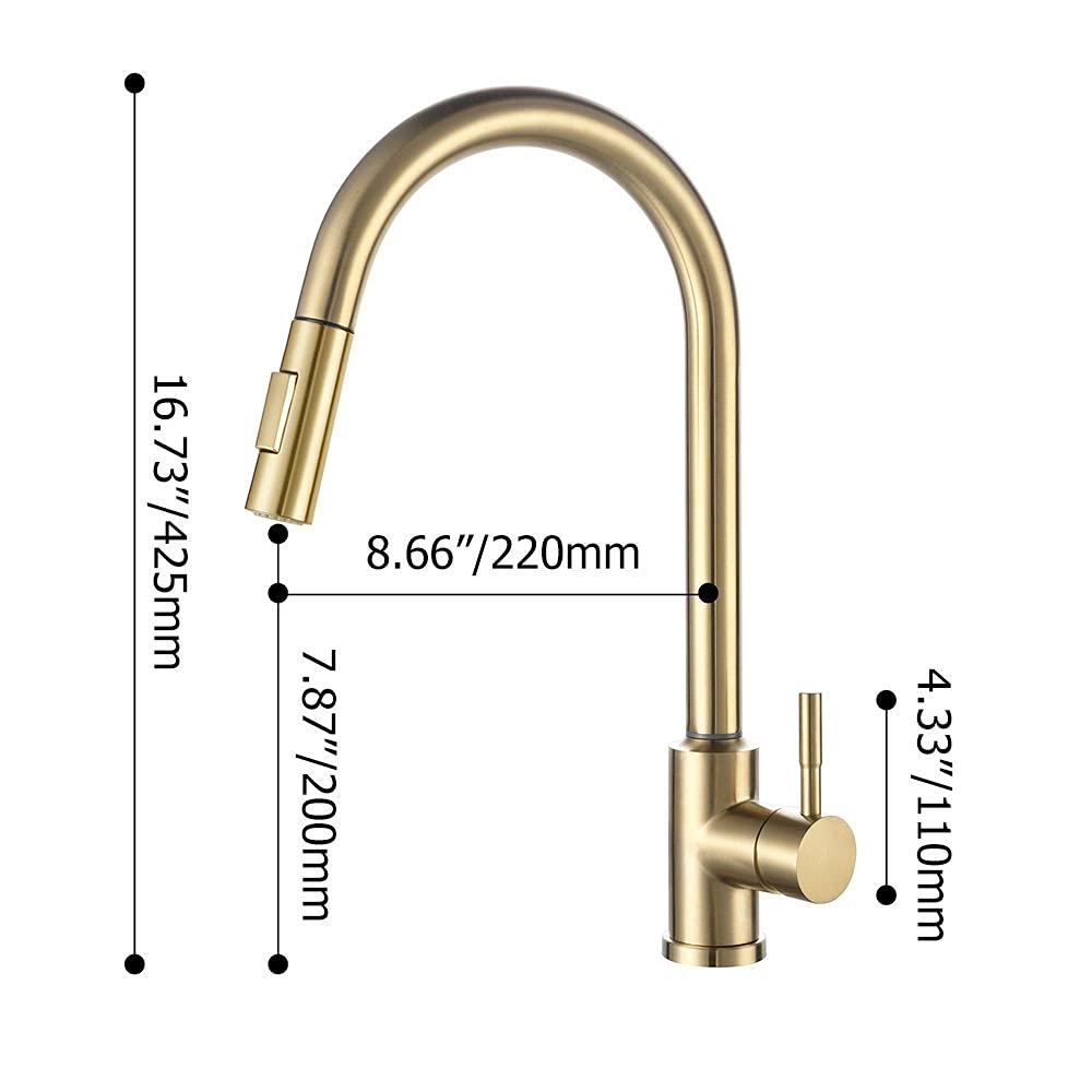 Brushed Gold Touch Kitchen Faucet - Stainless Steel Pull Down Sprayer Single Handle Sink Faucet for Modern Home Kitchen Renovation & Dishwashing Convenience