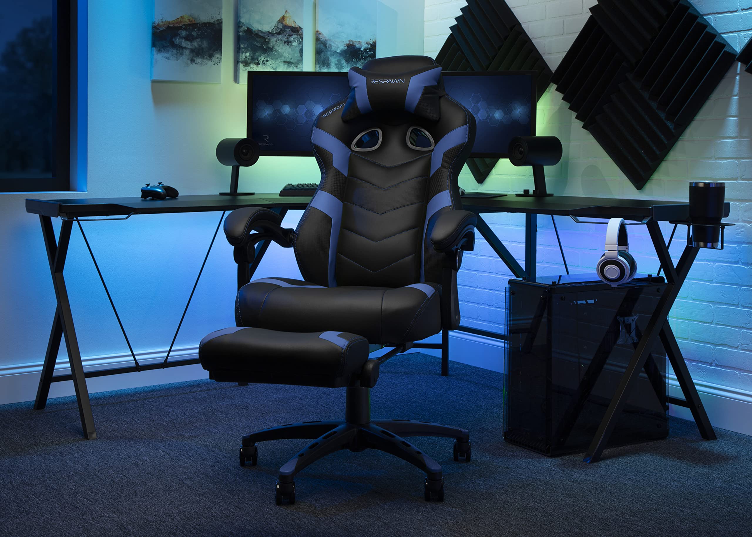 RESPAWN 110 Ergonomic Gaming Chair with Footrest - Racing Style High Back Office Chair with 360 Swivel, Adjustable Lumbar Support & Headrest Pillow - Perfect for PC Gaming, Home Office & Streaming Setup (2021 Blue)