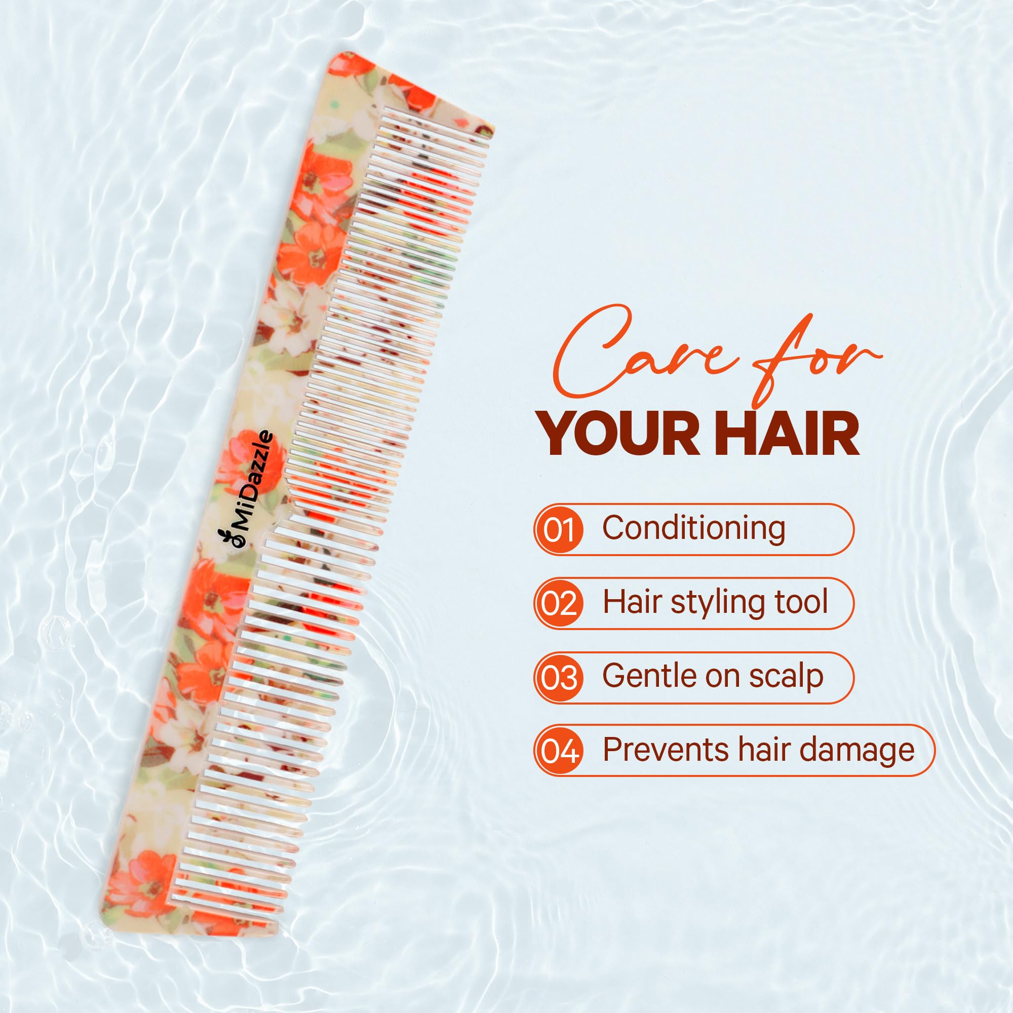 Midazzle 360 Floral Dual Teeth Comb - Medium Hair Styling Brush for Women & Men - Perfect for Detangling, Styling & Volume Boosting (Home, Salon & Travel Use)