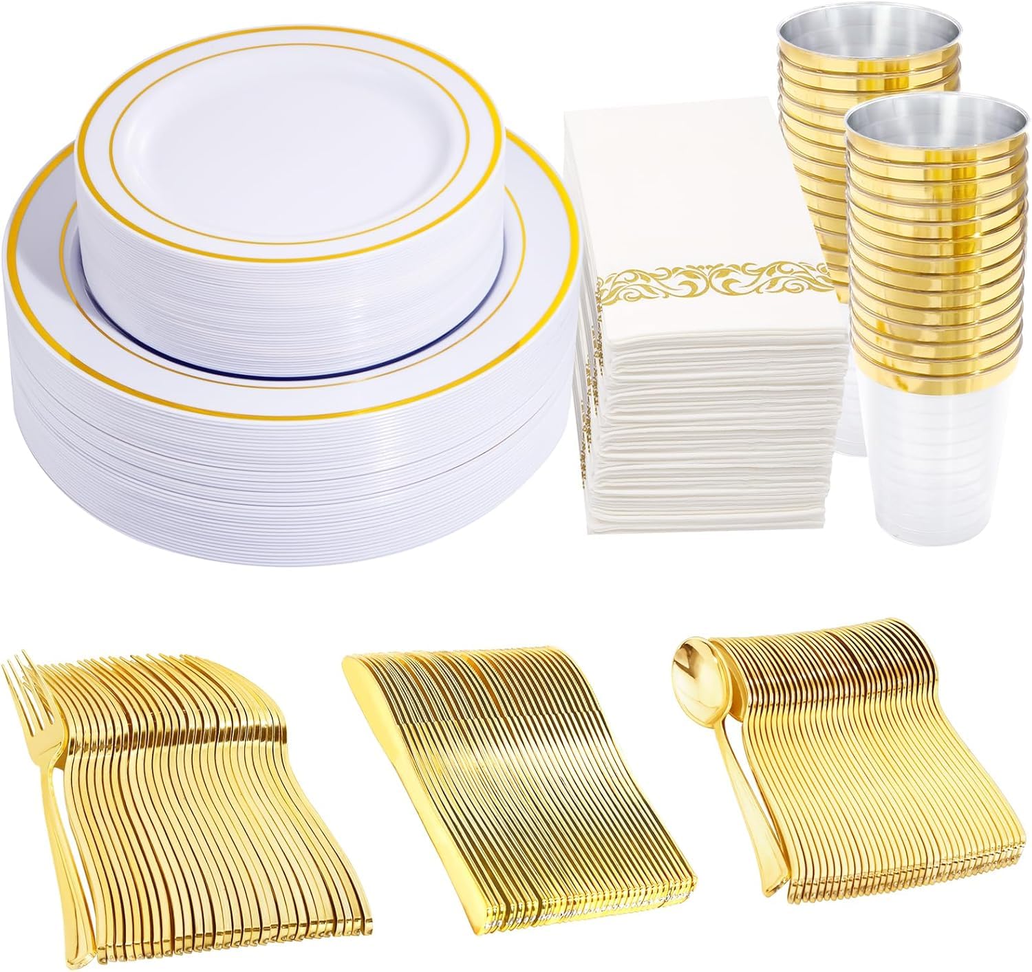 350-Piece White and Gold Plastic Dinnerware Set - Includes 100 Plates, 50 Gold Plastic Silverware, 50 Paper Napkins & 50 Cups - Perfect for Weddings, Parties, and Events - Elegant Disposable Tableware for Easy Cleanup