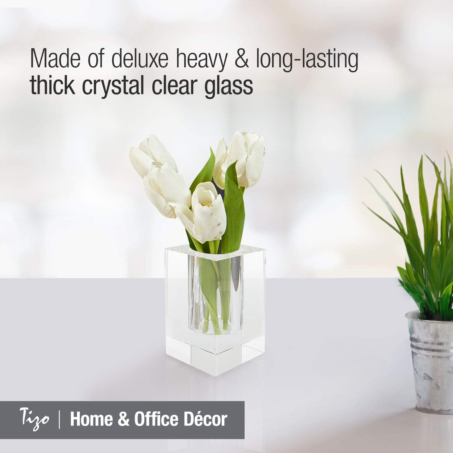 Tizo Design Elegant Clear Crystal Glass Vase - Heavy Square Block Tabletop Vase for Home Decor, Wedding Centerpiece & Office Desk (4