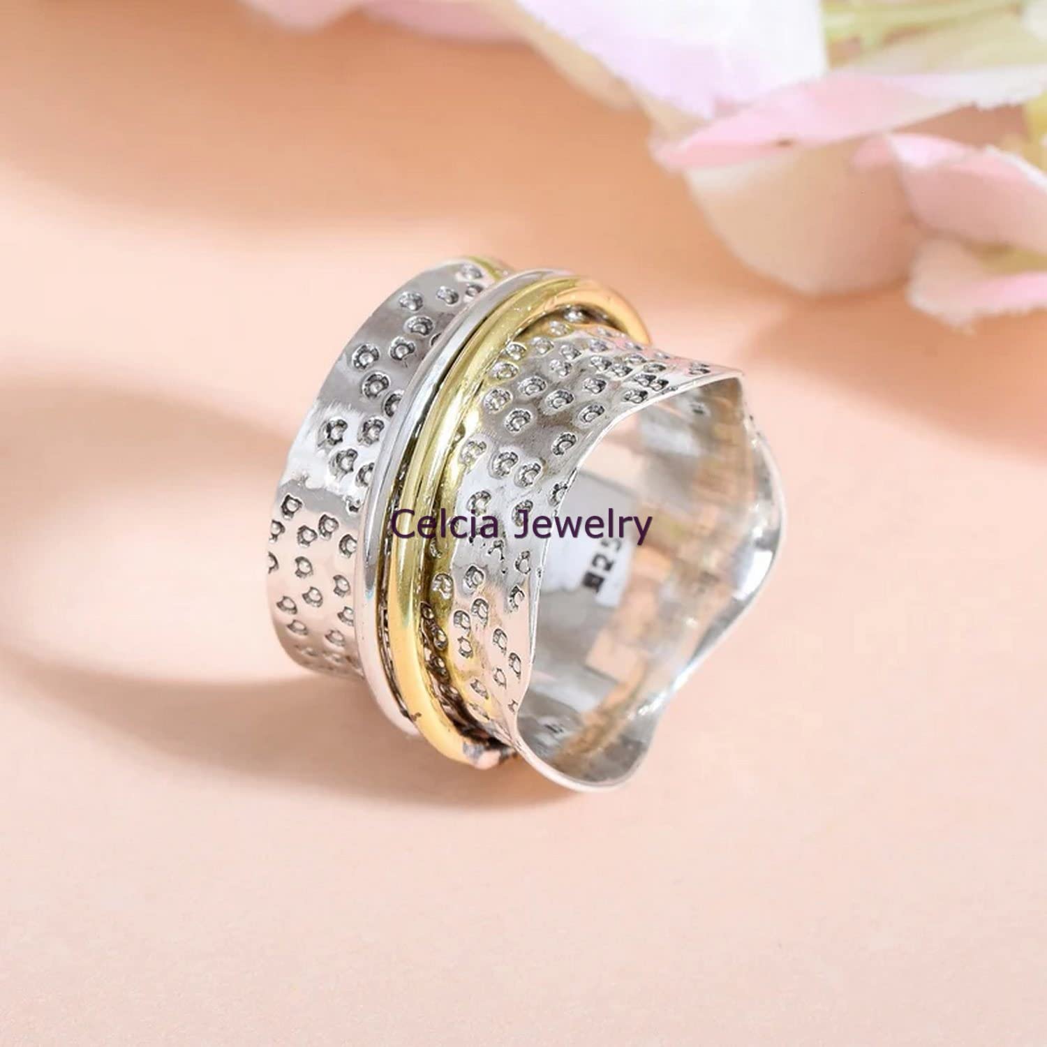 925 Sterling Silver Spinner Ring for Women - Handmade Anxiety Relief Ring, Boho Meditation Jewelry, Two-Tone Hammered Worry Ring (Size 7) - Perfect for Stress Relief, Mindfulness Practice & Fashion Accessories