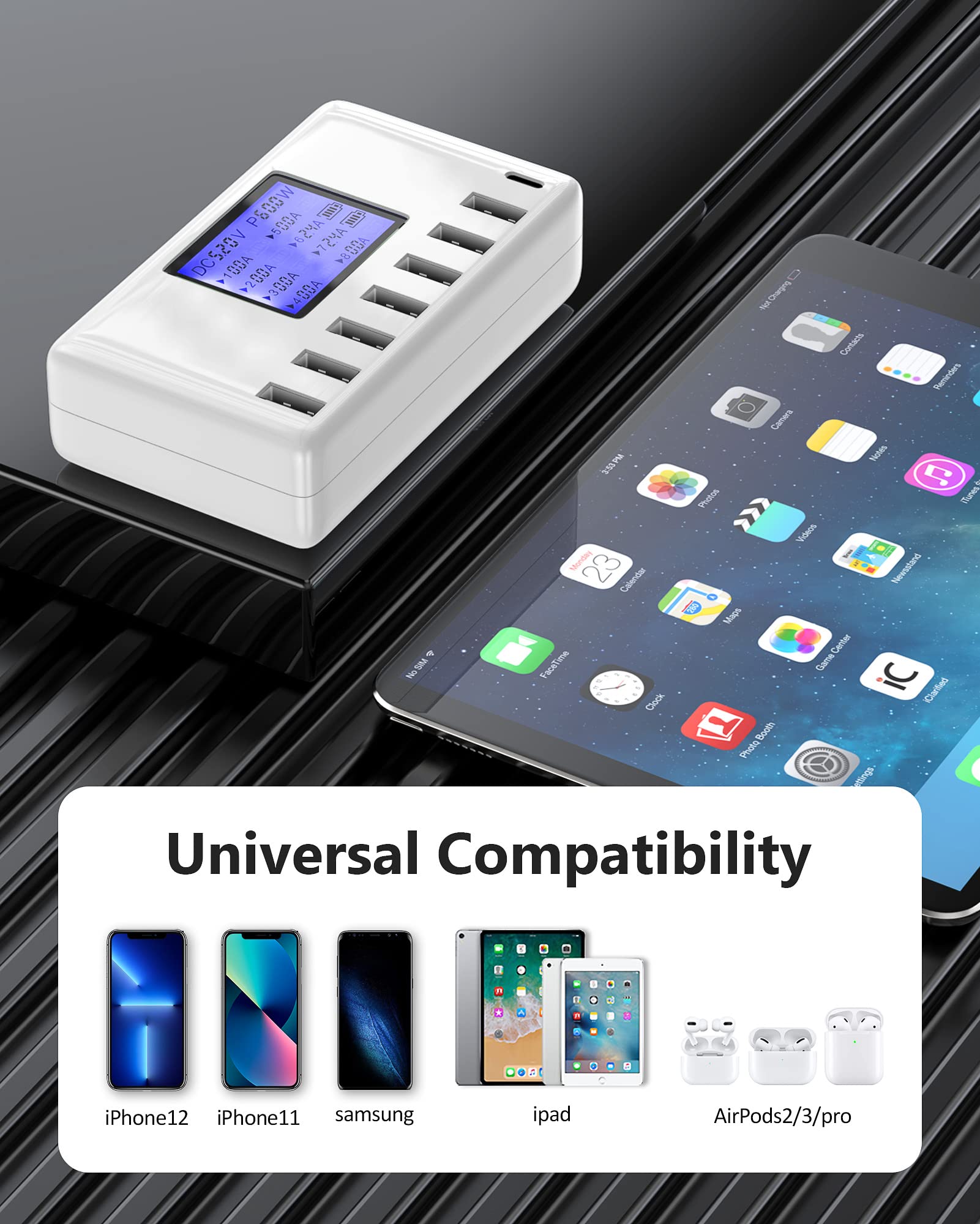 60W 8-Port USB C Charging Station with LCD Display - Fast Multi Device Charger Hub for iPhone 15/14/13, iPad, Samsung Galaxy, Android Phones - Perfect for Home, Office & Travel (White)