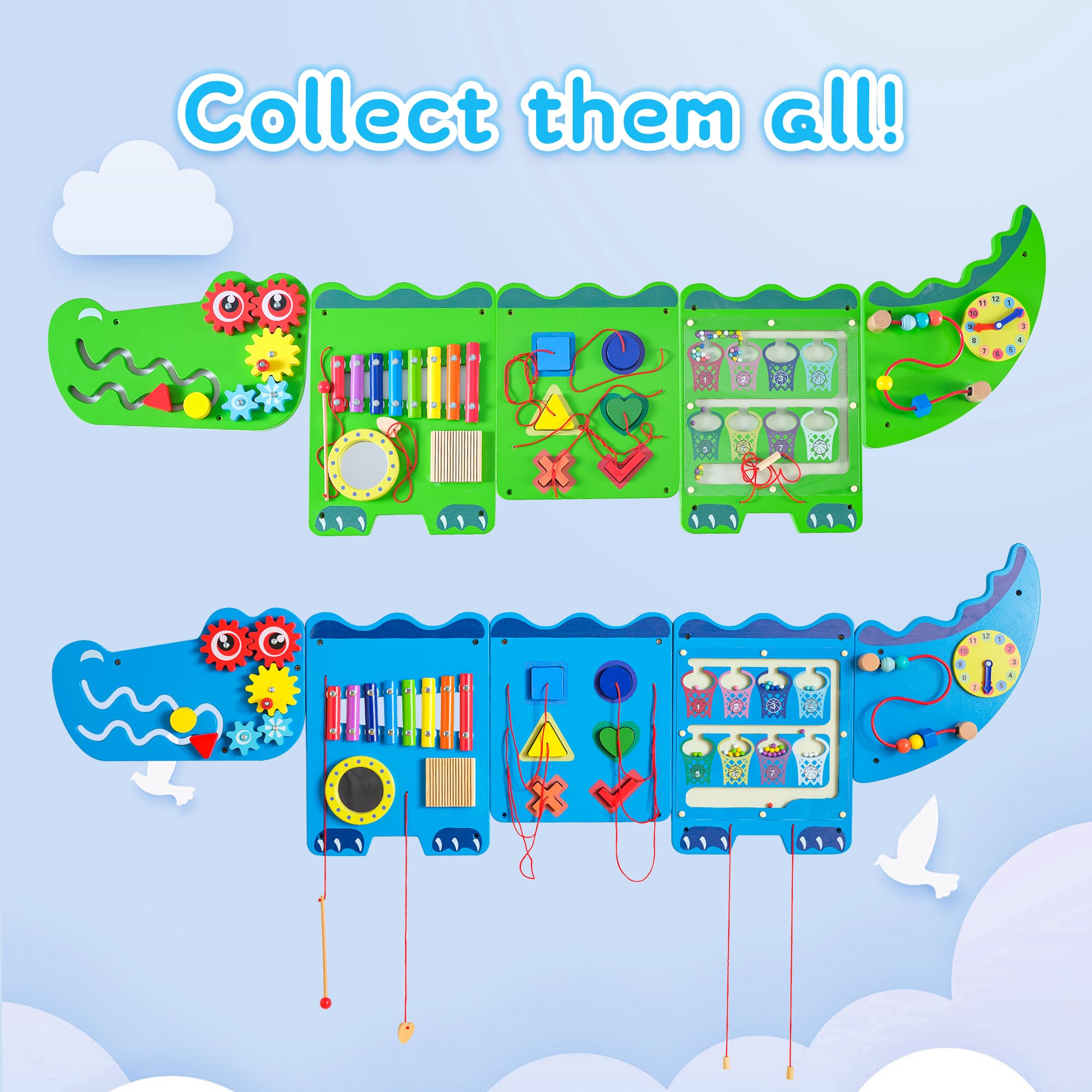 Crocodile Sensory Toys Activity Wall Panels - Montessori Educational Busy Board for Toddlers, Wooden Learning Activity Cube & Interactive Sensory Wall (Blue) | Perfect for Daycare, Preschool & Home Playrooms