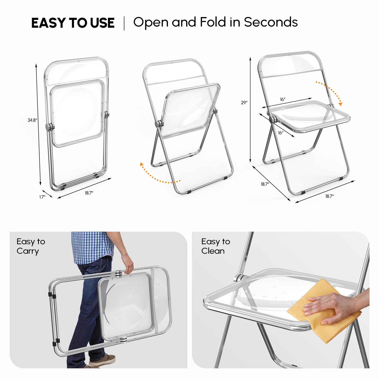 VINGLI 2 Pack Clear Acrylic Folding Chairs - Stackable Plastic Chairs with Metal Chrome Frame, 350 lbs Weight Capacity - Perfect for Weddings, Parties, Events & Outdoor Gatherings