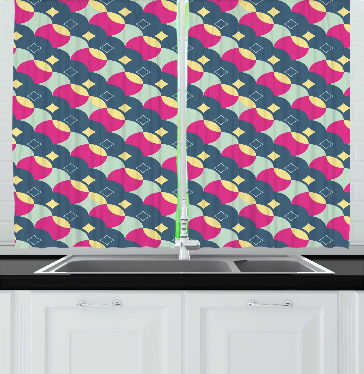 Ambesonne Abstract Long Kitchen Curtains - Retro Memphis Style with Diagonal Circles & Round Shapes, 2 Panel Drapes with Rod Pocket, 55x45 Inch, Hot Pink Grey Teal - Perfect for Modern Kitchens, Dining Rooms & Boho Home Decor