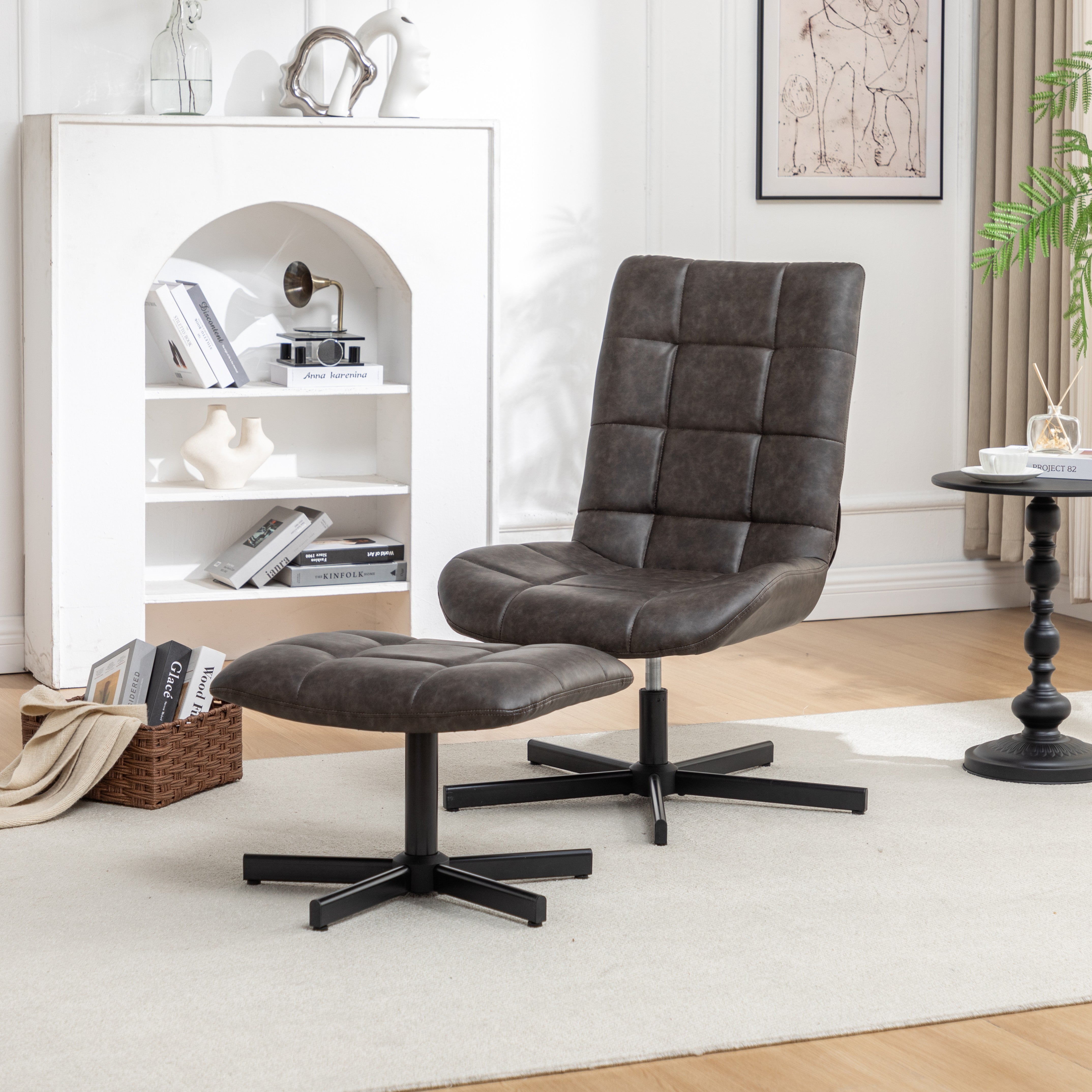 Roundhill Furniture Arlena Faux Leather Tufted Accent Chair with Ottoman Set - Modern Living Room Seating for Home Office, Bedroom or Lounge Area