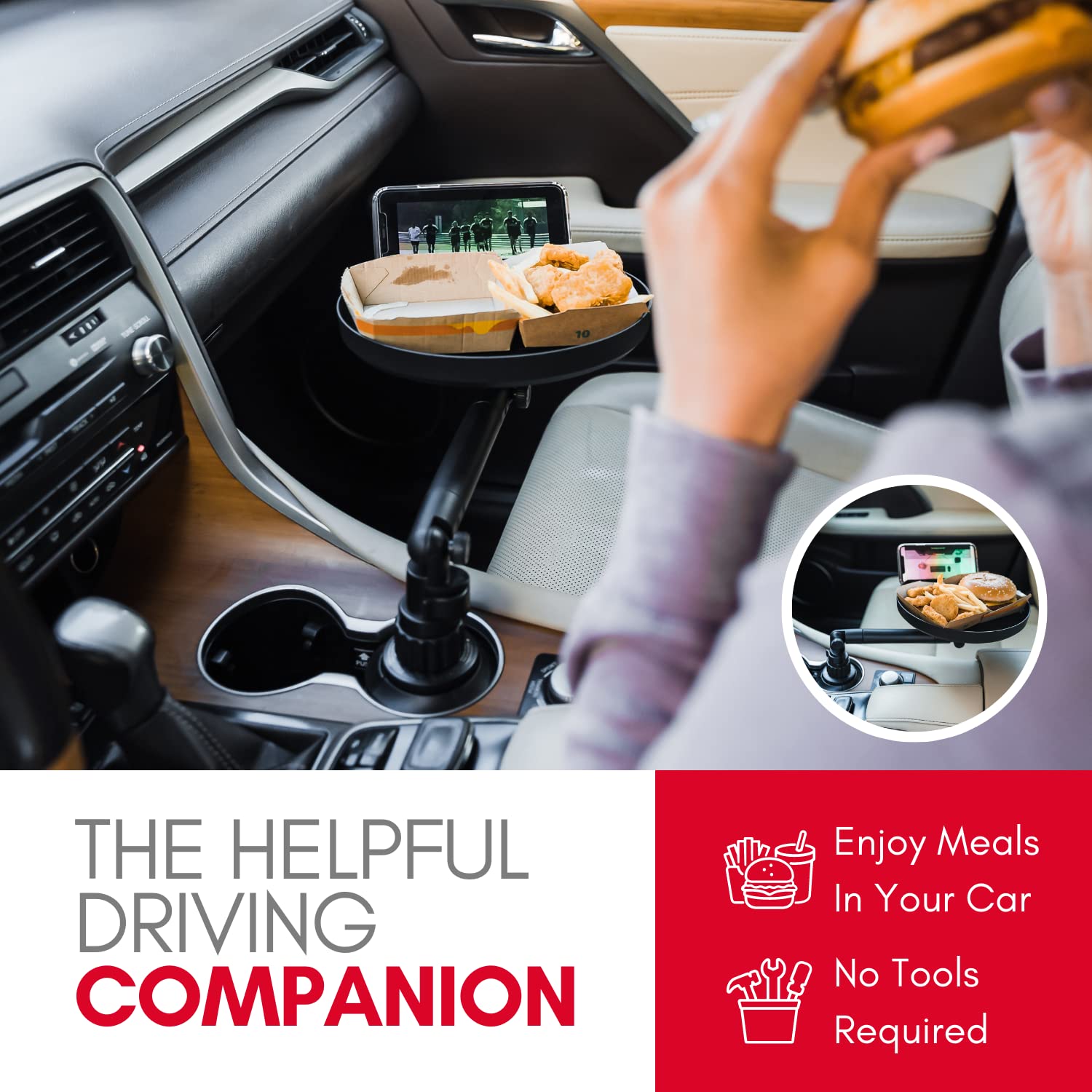 Macally Adjustable Car Cup Holder Tray with Swivel Arm - Car Organizer with Phone Slot & Food Tray - Perfect for Eating, Working & Road Trips - Fits Most Vehicles