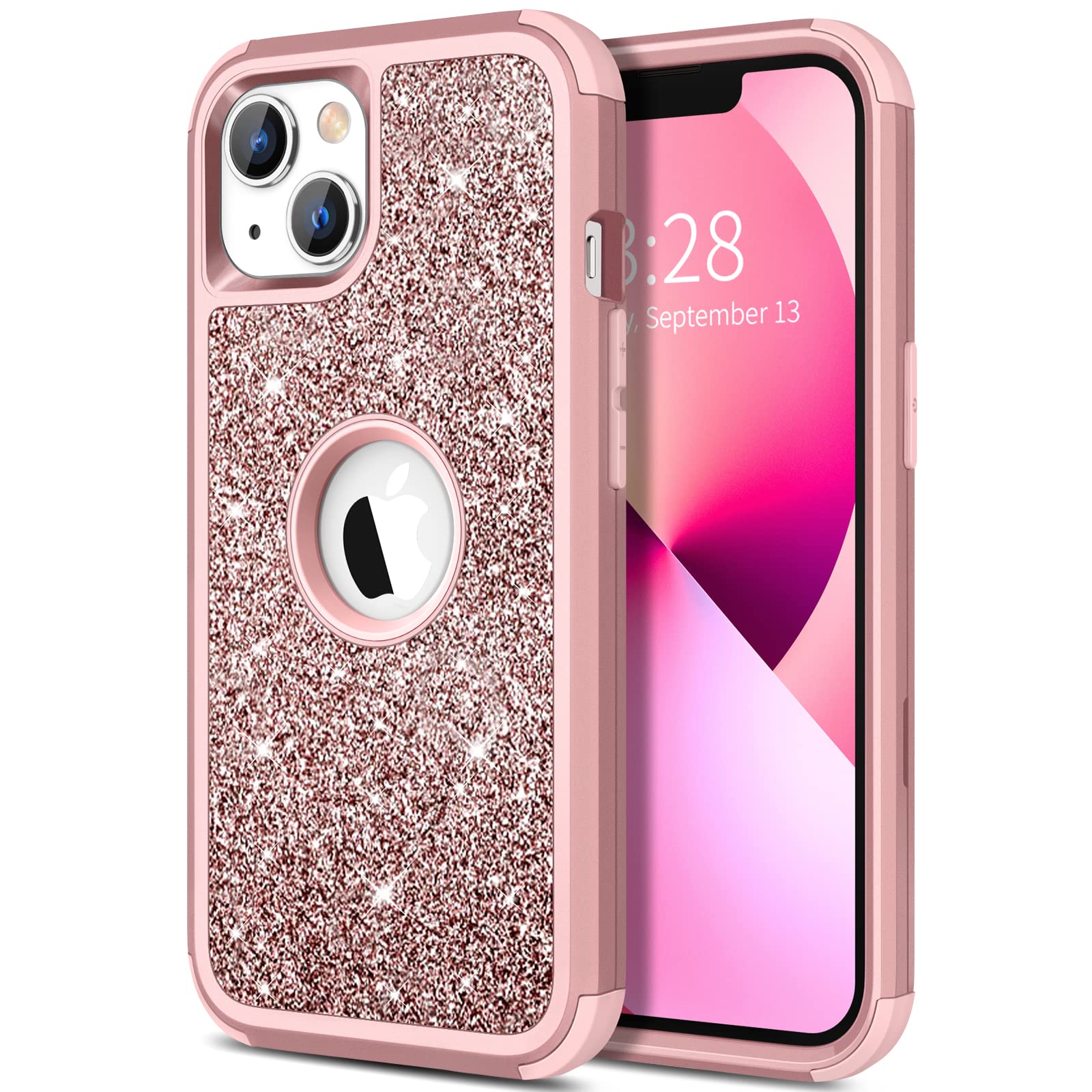 Hython Glitter iPhone 13 Case - Sparkly Shiny Bling Protective Phone Cover | 3-in-1 Hybrid Hard PC & Soft TPU Bumper | Shockproof Full Body Protection for Women & Girls (Rose Gold) | Perfect for Daily Use, Parties & Gifts