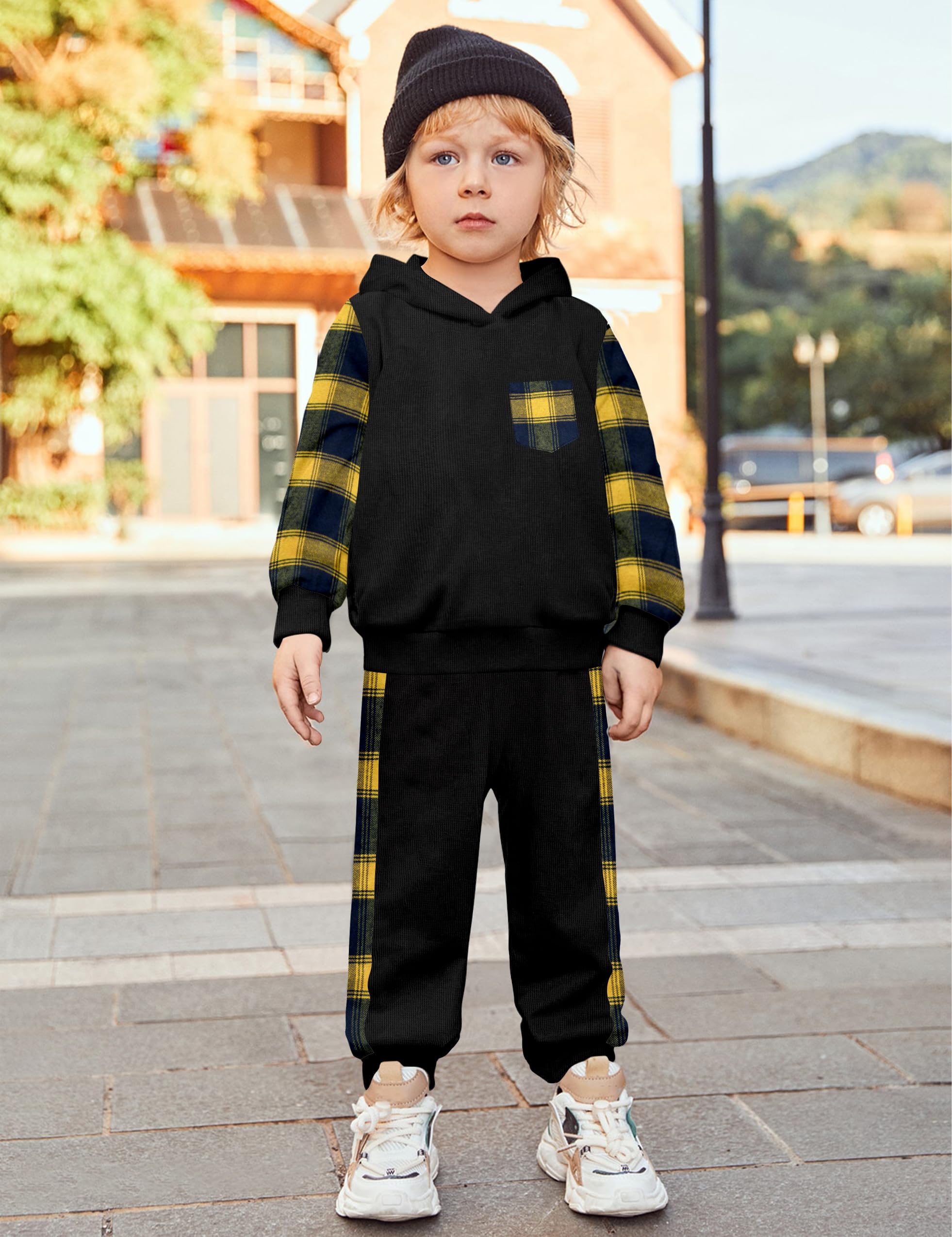Boys' Waffle Plaid Hoodie & Patchwork Casual Pants 2-Piece Set with Pockets | Warm Toddler Winter Outfits for Playdates & Outdoor Adventures