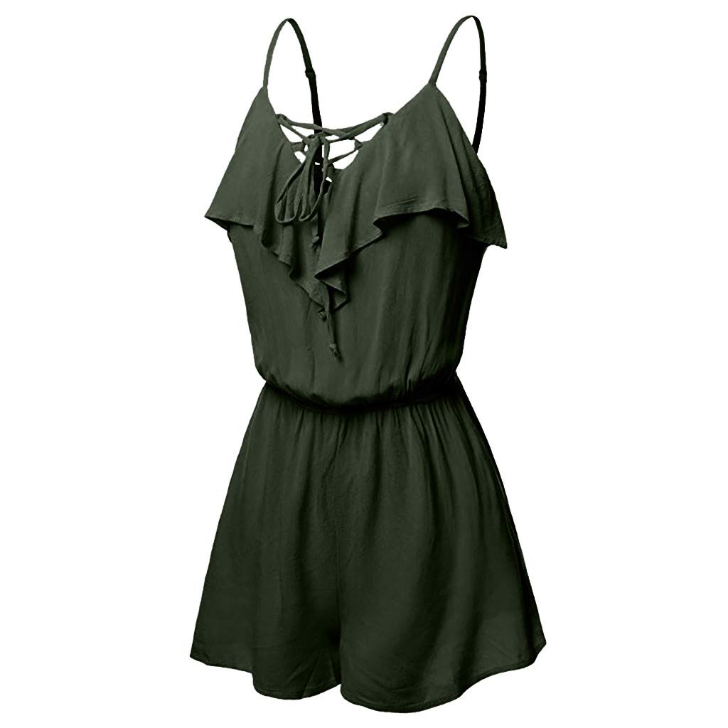 Women's Casual Sleeveless Jumpsuit with Front Overlap Detail & Sequined Frill - Large Size in Green | Perfect for Summer Outings, Beach Vacations & Party Wear