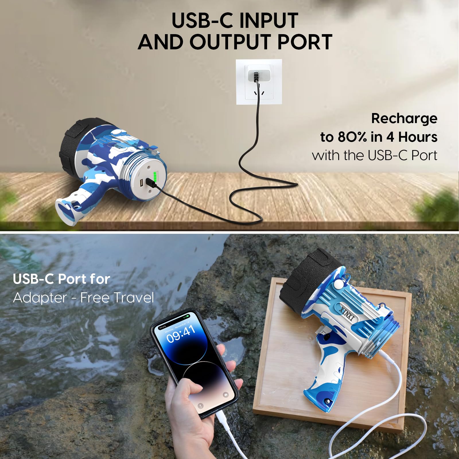 XINXI 1000000 Lumens Rechargeable LED Spotlight - 4 Light Modes, USB Charger, IP67 Waterproof & Red Filter - Perfect for Hiking, Camping, Boating, Hunting, Emergency Use (Camouflage Blue)