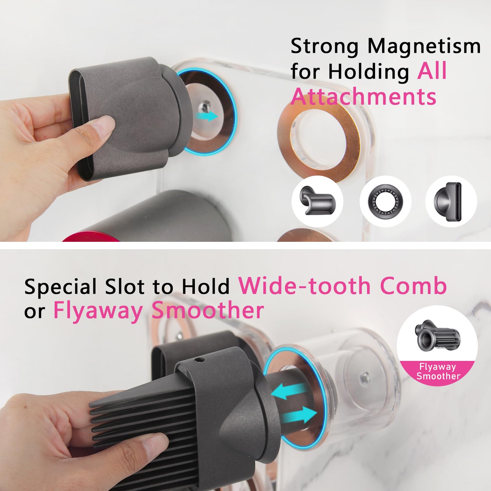 Dyson Supersonic Hair Dryer Holder - Acrylic Wall Mount Stand for 5 Attachments & Diffuser | Wide Tooth Comb Storage | Bathroom Blow Dryer Organizer (Clear) - Perfect for Salon, Spa & Home Use