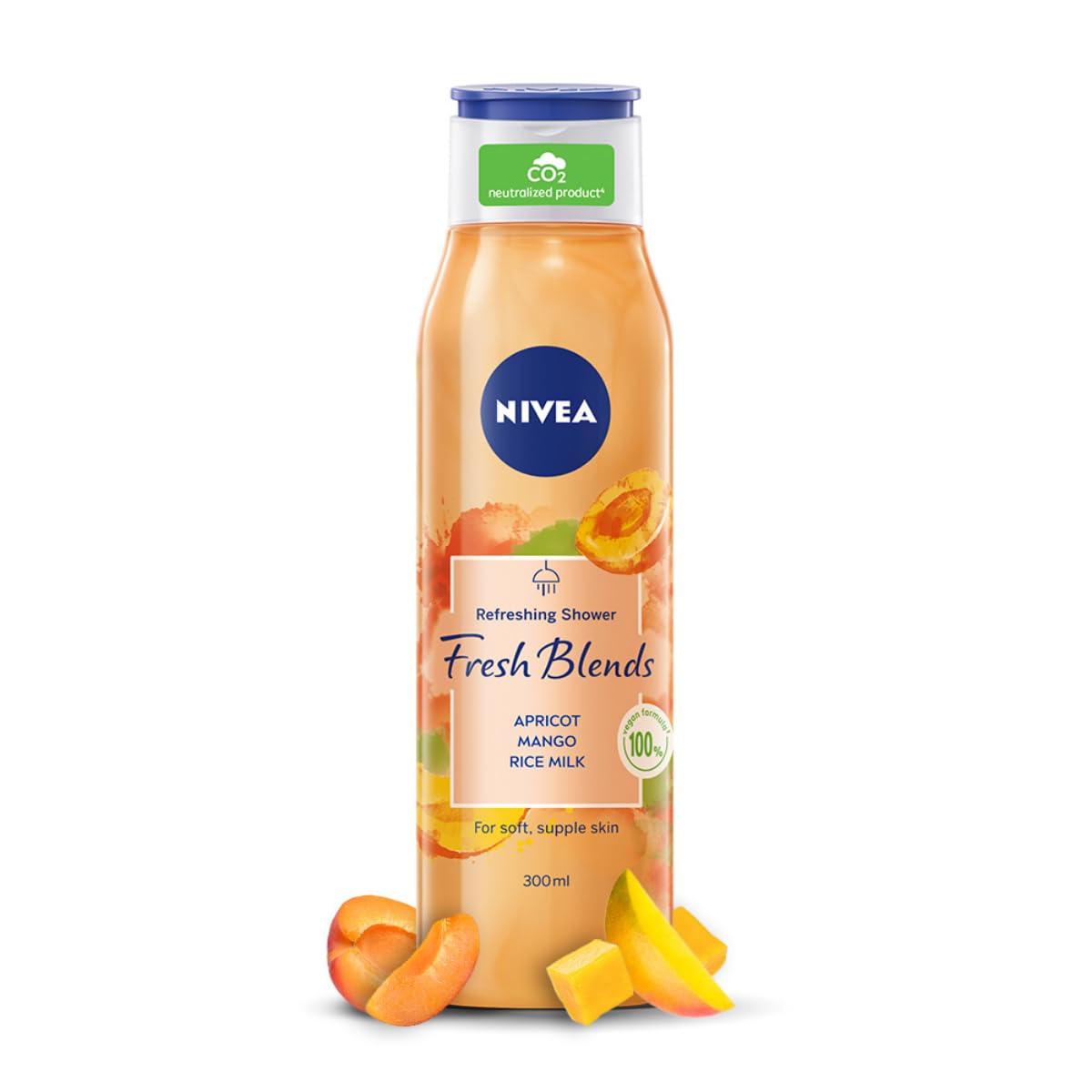 Nivea Fresh Blends Apricot & Mango Vegan Body Wash with Natural Fruit Extracts & Rice Milk - 300ml Fruity Shower Gel for Women - Perfect for Daily Hydration & Refreshing Morning Showers