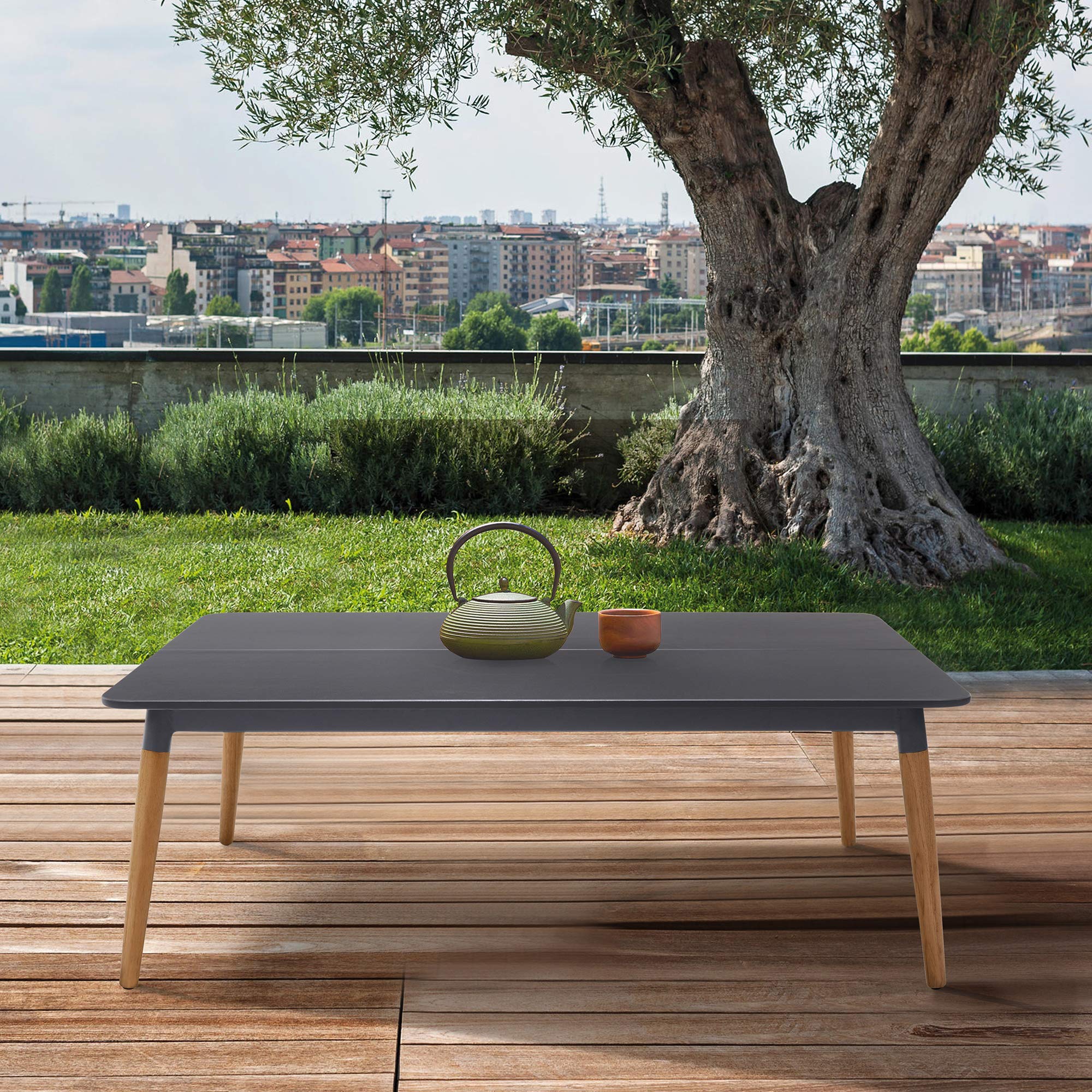 Armen Living Ipanema Modern Outdoor Patio Coffee Table - Dark Gray Eucalyptus & Natural Teak Wood - Perfect for Poolside, Garden, or Backyard Relaxation