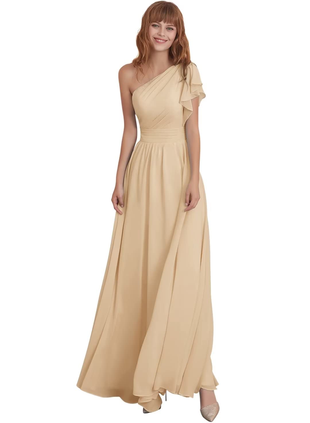 Elegant One Shoulder Chiffon Bridesmaid Dress for Wedding Party - Women's Formal Maxi Long Prom Dress for Evening Gala, Cocktail Party & Special Occasions