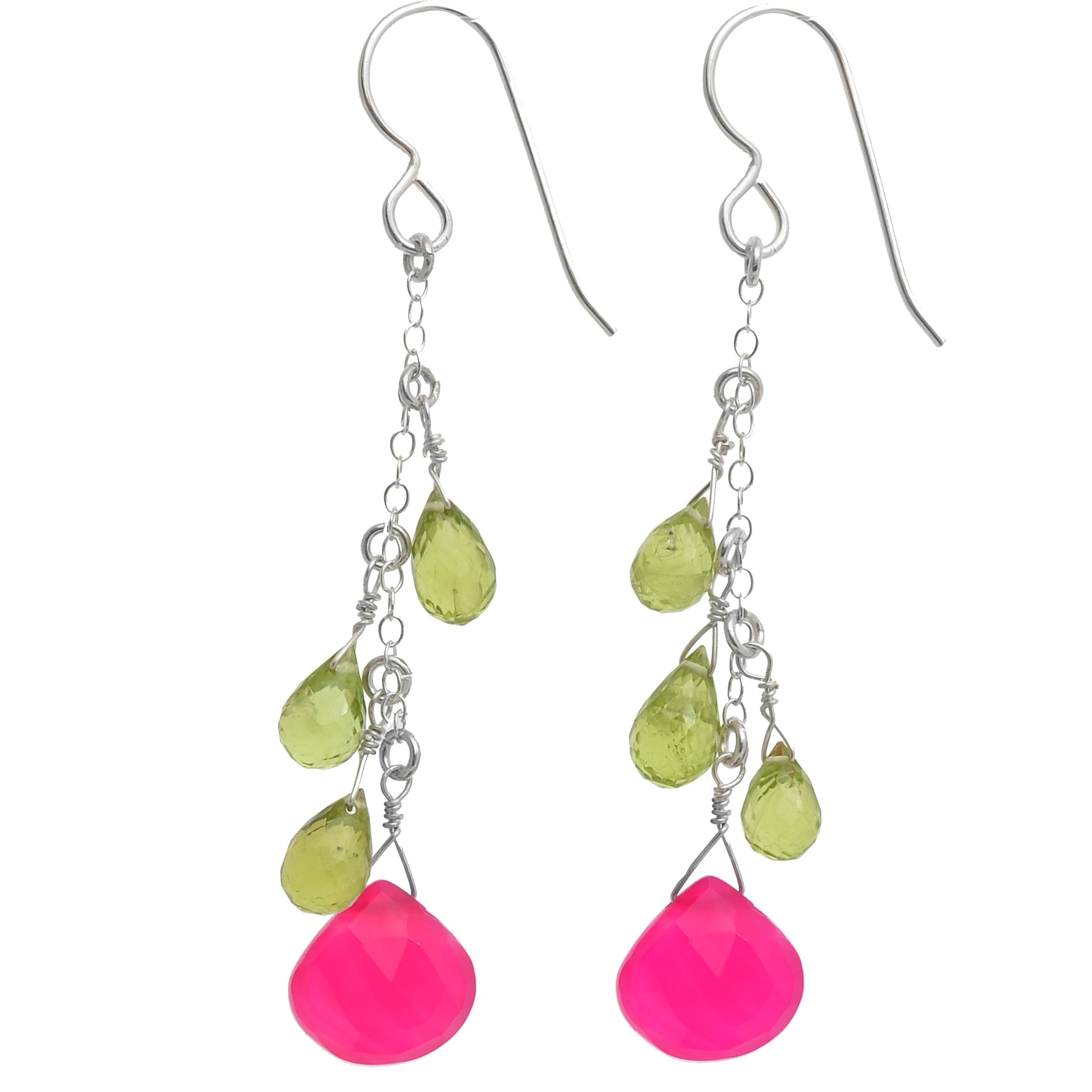 Handmade Sterling Silver Earrings with Natural Hot Pink Chalcedony & Peridot Briolette Gemstones | ASHANTI Jewelry for Women | Perfect for Parties, Weddings & Special Occasions