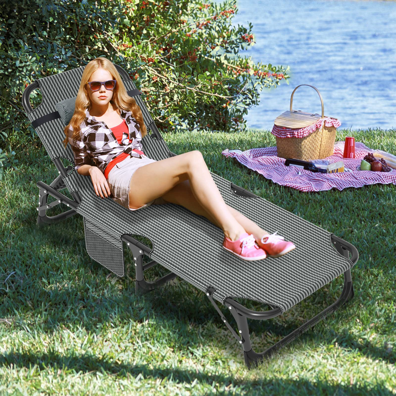 LILYPELLE 5-Position Adjustable Folding Lounge Chair with Mattress - Portable Outdoor Chaise Lounge for Sunbathing, Camping, Beach, Pool & Patio - Perfect for Relaxing, Travel & Backyard Use