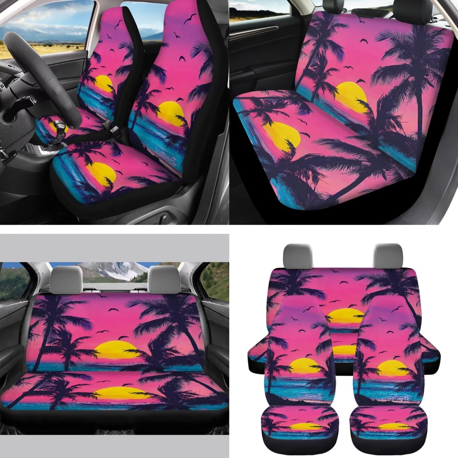 Pensura Beach Sunset Palm Tree Universal Car Seat Covers - Fits Most Sedans, SUVs & Vans - Front & Rear Bench Protector with Steering Wheel Cover & Headrest Covers - Complete Car Interior Set for Beach Trips & Summer Road Travel