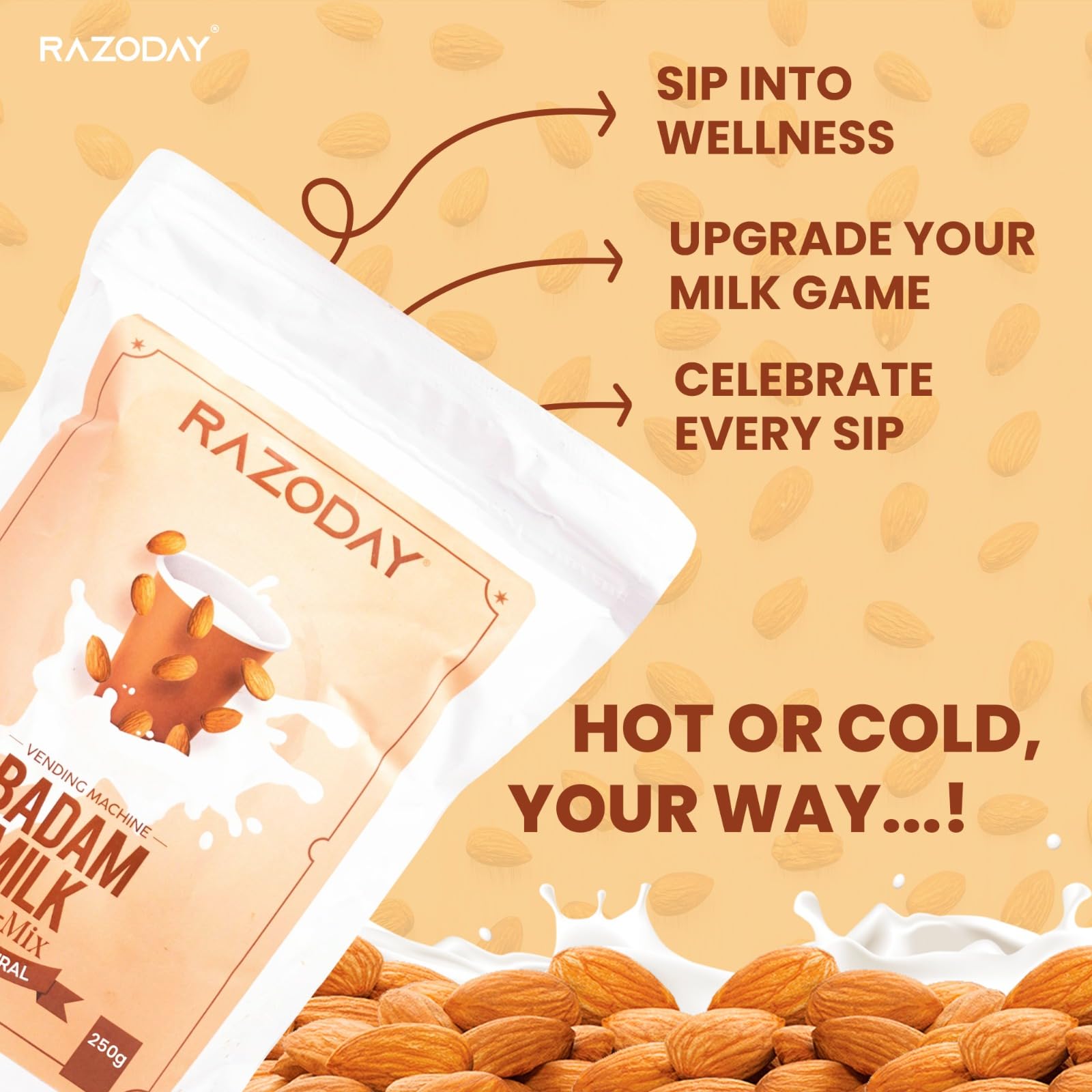 Razoday Instant Almond Powder (250g) | Natural Almond Milk Mix for Kids & Adults | Handpicked Premium Almond Powder | Healthy Drink Mix for Shakes, Smoothies & Desserts | Perfect for Breakfast, Snacks & Post-Workout Nutrition