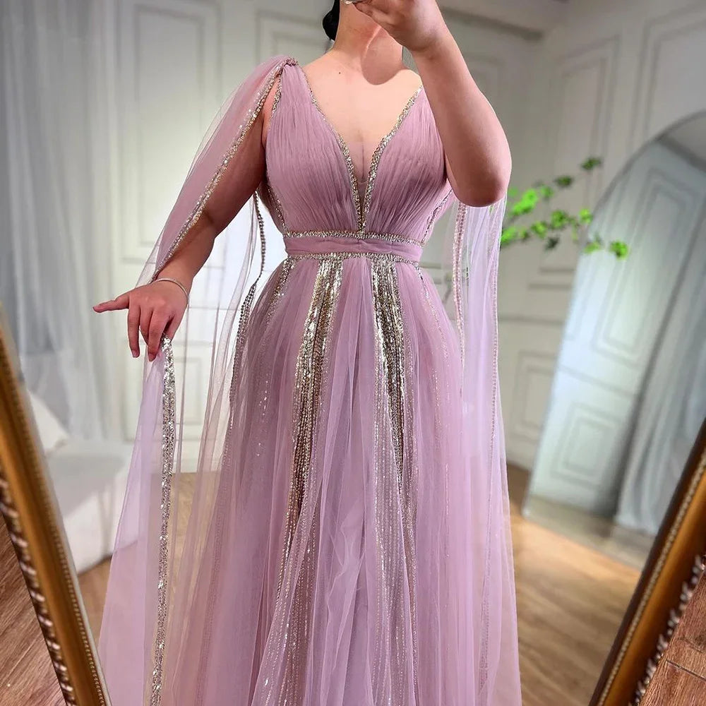 Elegant Sage Green Evening Dress with Cape Sleeves - Yellow Formal Gown for Wedding, Party & Special Occasions | LA72279 | Perfect for Bridesmaids, Prom & Cocktail Events