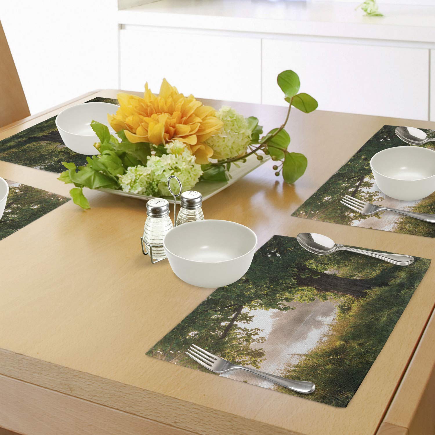 Ambesonne Tree Place Mats Set of 4 - Mystical Forest Landscape with Fog and Stream Design, Washable Fabric Table Mats for Dining Room & Kitchen Decor in Brown & Green | Perfect for Fall Decor, Thanksgiving Dinner, and Rustic Home Decor