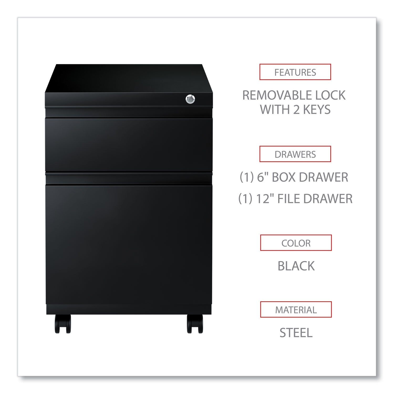 Alera® 2-Drawer File Pedestal Cabinet - Legal/Letter Size, Black - Left or Right Opening with Full-Length Pull - 14.96