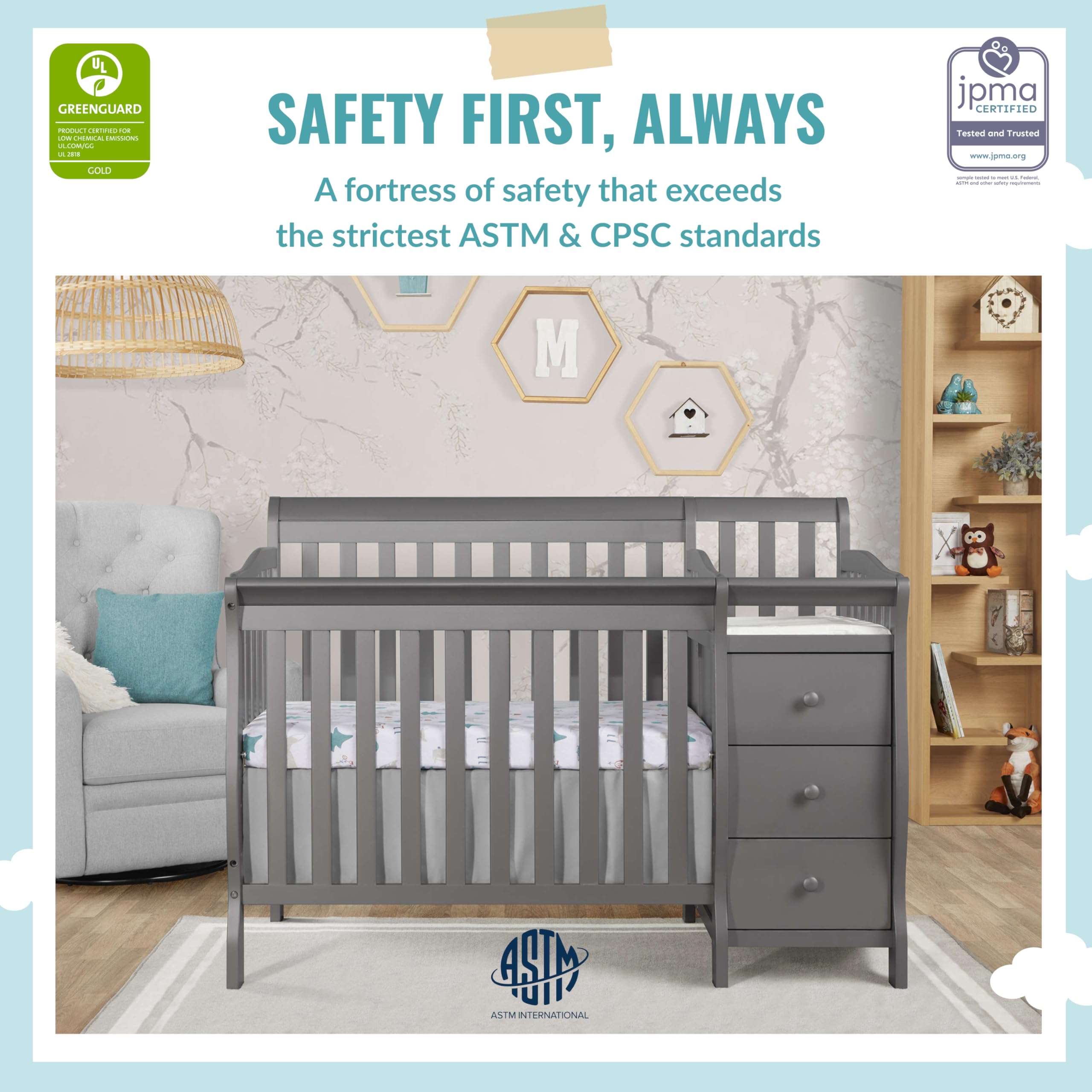 **Dream On Me Jayden 4-in-1 Convertible Mini Crib & Changer – Storm Grey, GREENGUARD Gold Certified, Non-Toxic New Zealand Pinewood, 1