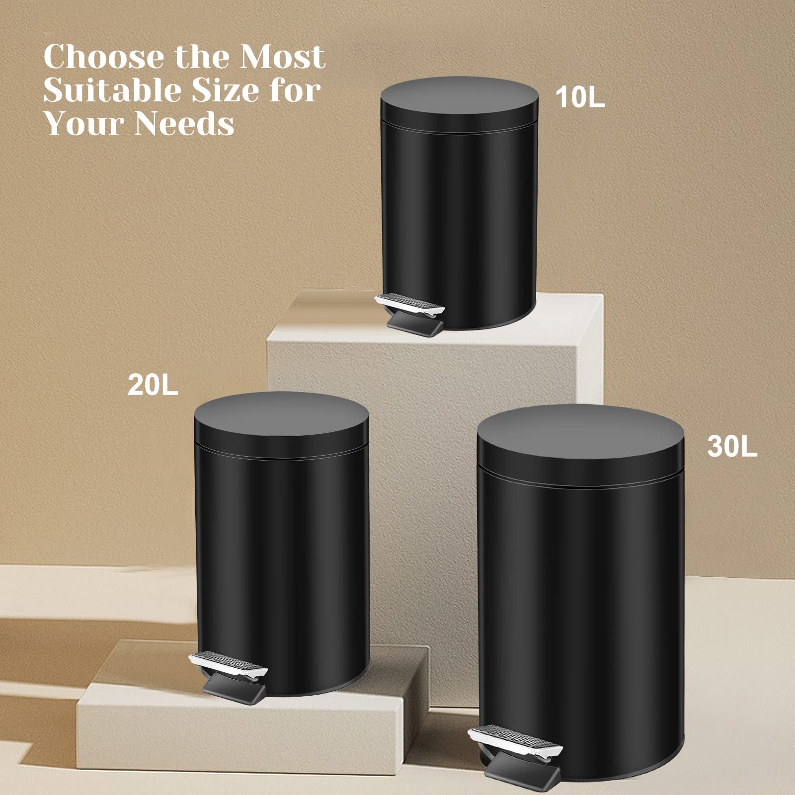 12L Black Stainless Steel Pedal Trash Can with Soft-Closing Lid - Slim Quiet Bathroom & Kitchen Waste Bin for Home, Office, Living Room - Perfect for Small Spaces & Odor Control