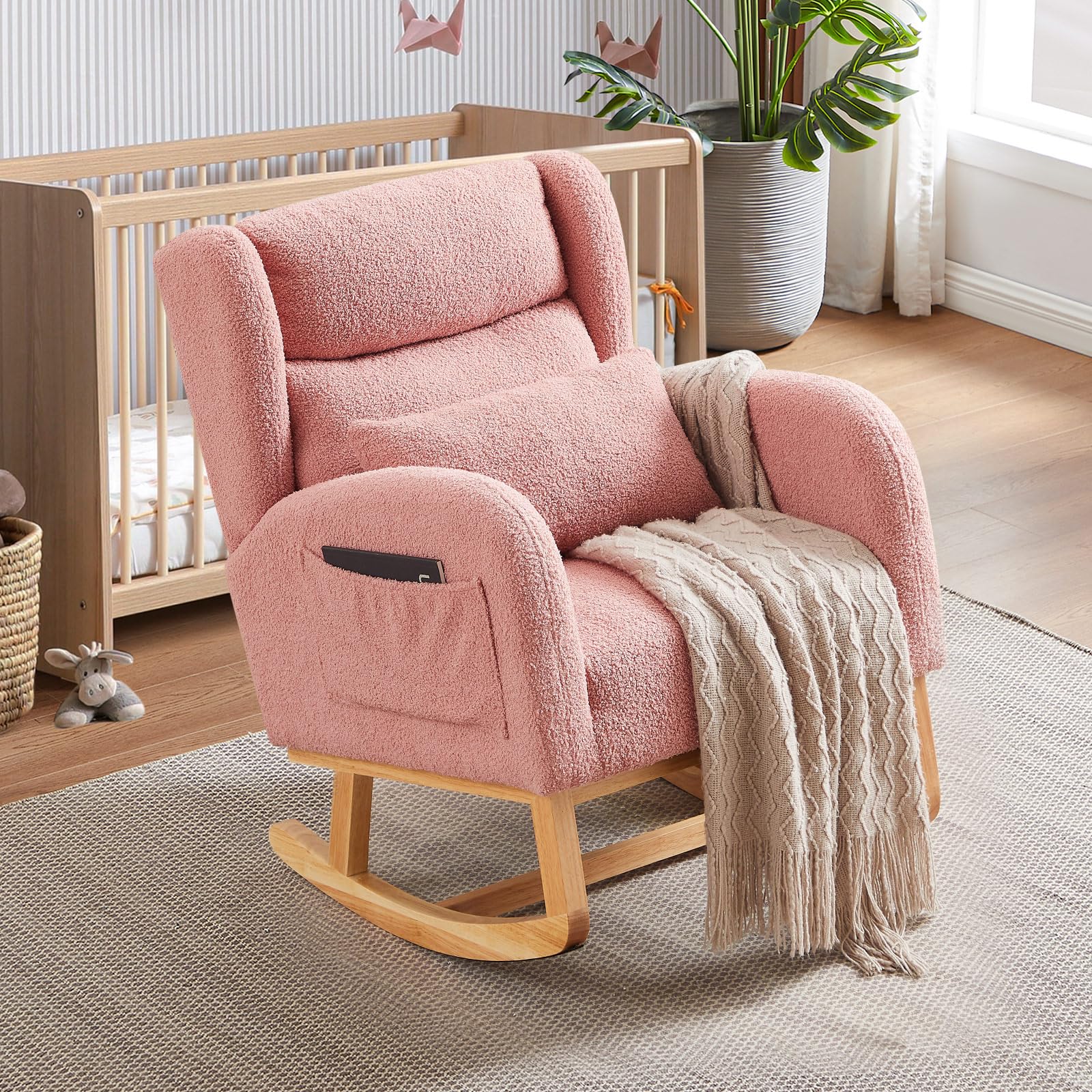 Antetek Modern Teddy Upholstered Rocking Chair - High Back Wingback Nursery Rocker with Lumbar Support Pillow, Comfortable Accent Armchair for Living Room, Bedroom & Nursery (Pink) | Perfect for Nursing, Relaxing & Nursery Decor