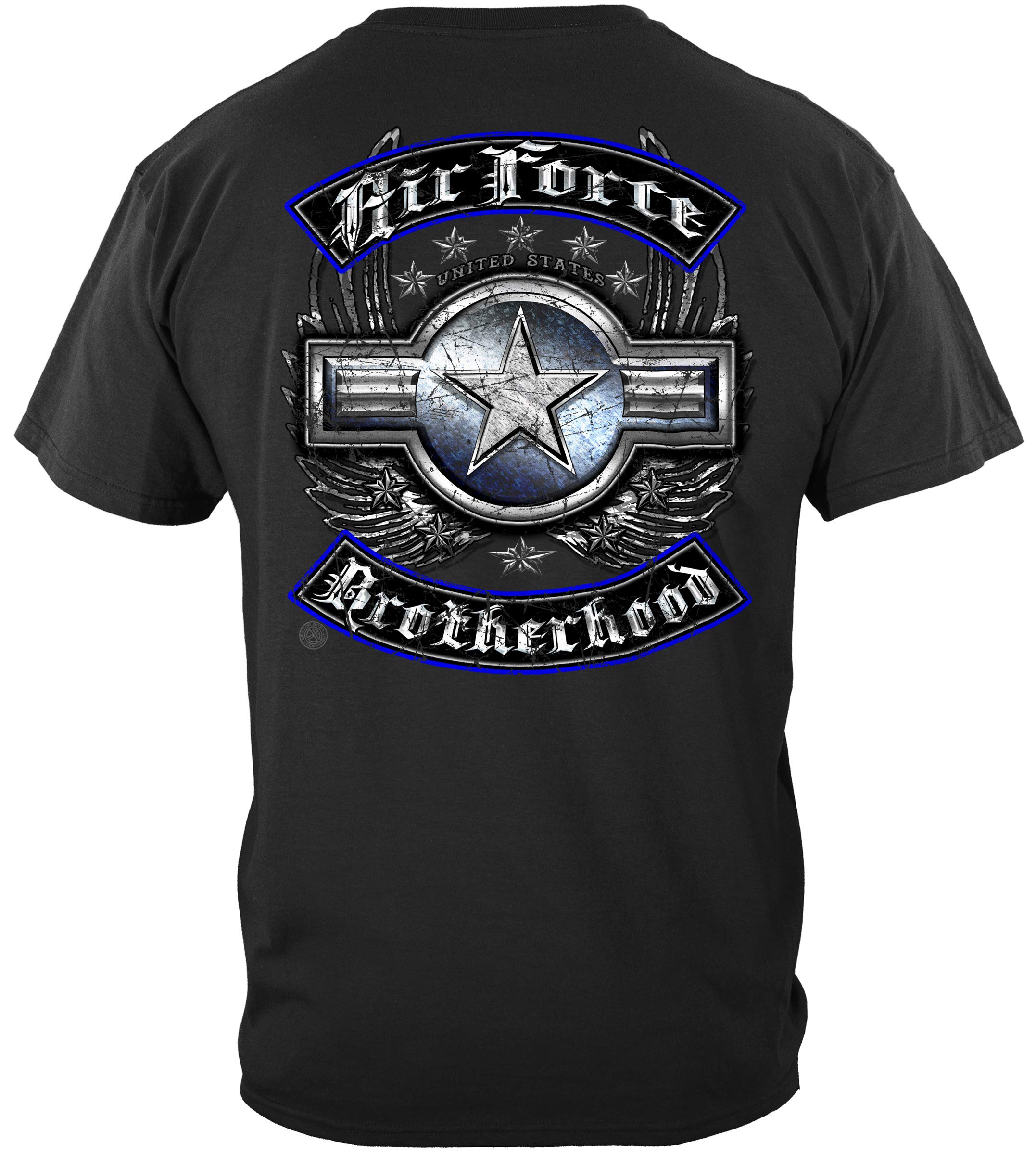 Erazor Bits Air Force T-Shirt - US Air Force Steel Wings Design for Bikers & Rockers - Silver Foil Print on Black Cotton Tee - Perfect for Motorcycle Rides, Concerts & Military Apparel