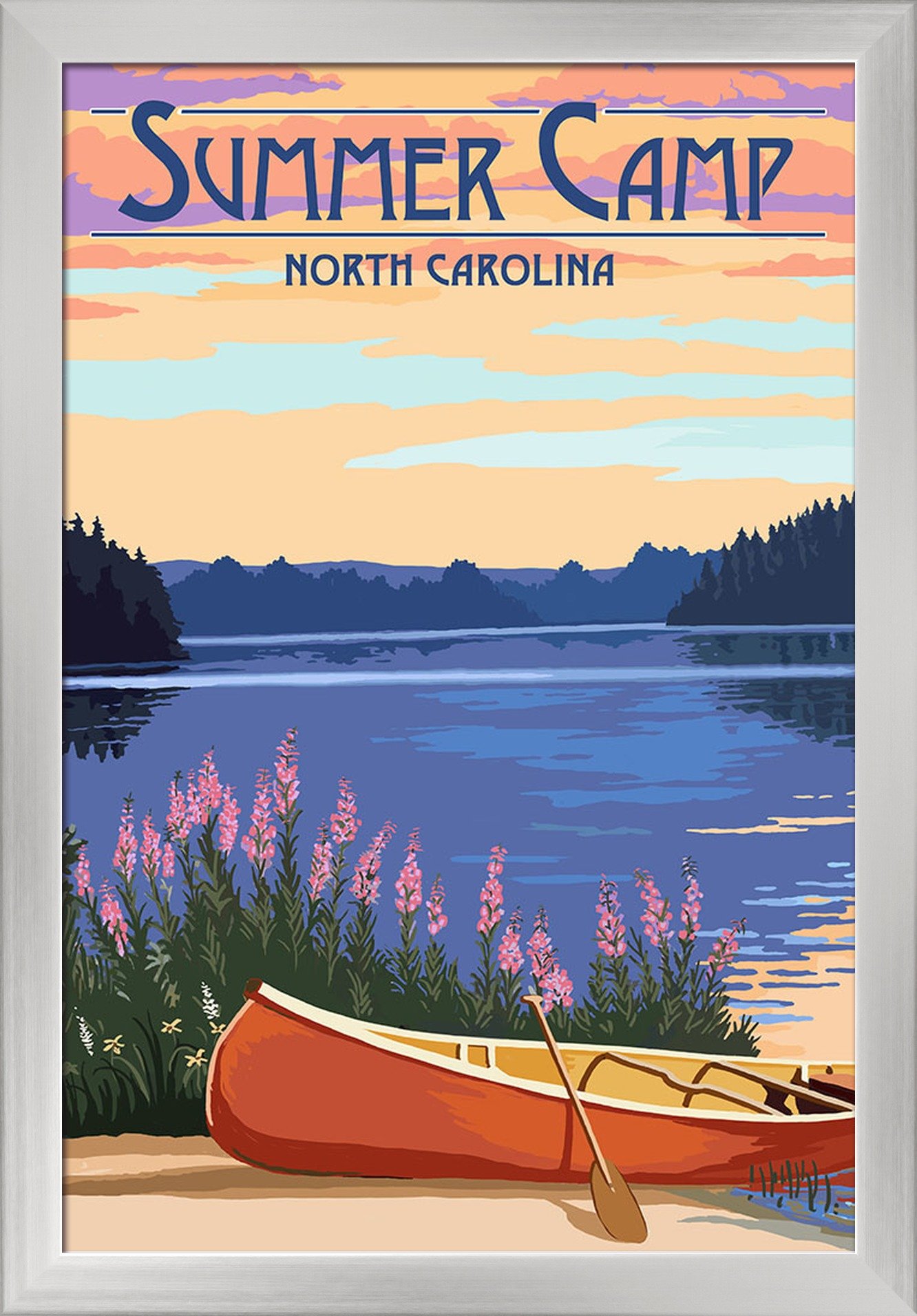 North Carolina Summer Camp Canoe and Lake - 16x24 Giclee Fine Art Print with Recycled Wood Frame in Silver - Perfect for Cabin Decor, Lake House Wall Art, and Rustic Home Office