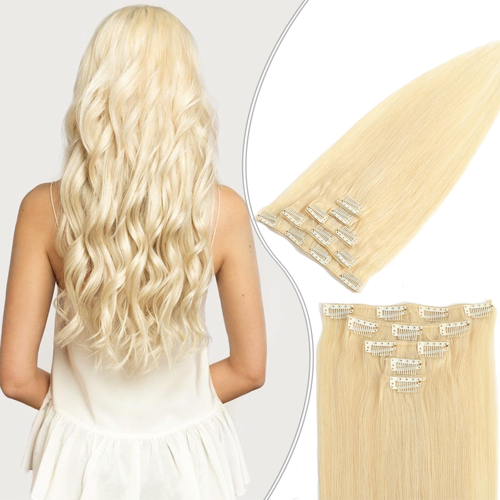 18-Inch Platinum Blonde Clip-In Human Hair Extensions #60 - 70g 5pcs Remy Straight Real Hair for Women - Thick Weft for Volume & Length - Perfect for Parties, Weddings & Daily Styling