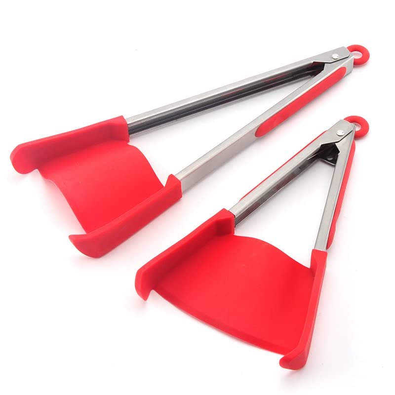 2 in 1 Silicone Kitchen Tongs - Non-Stick, Heat Resistant Food Clip & Spatula Set (2pcs, Red) - Perfect for Grilling, Cooking, Baking & Serving - Essential Kitchen Utensils for Home Chefs