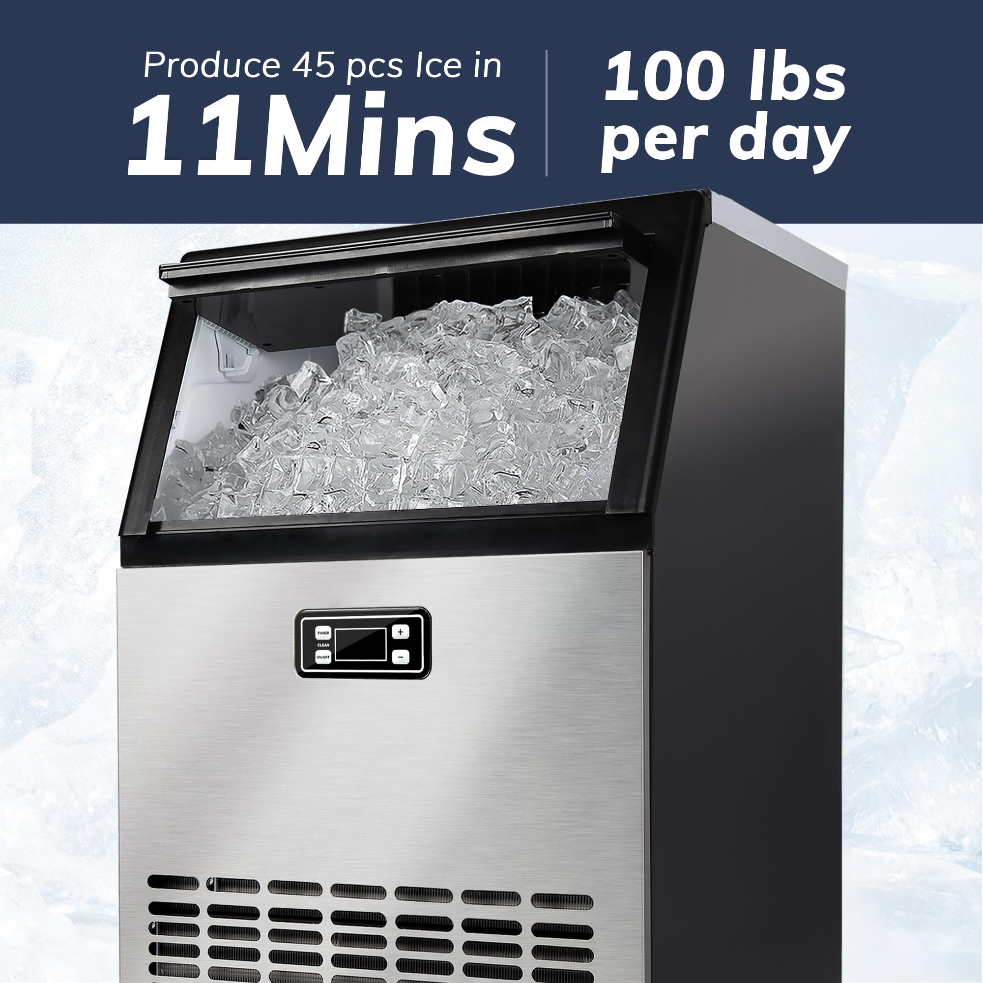 Commercial Ice Maker Machine 100lbs/Day, Under Counter Stainless Steel Ice Maker with Self-Cleaning & Timer, 33lbs Storage - Perfect for Home, Bar, Restaurant, RV, Office, and Outdoor Events