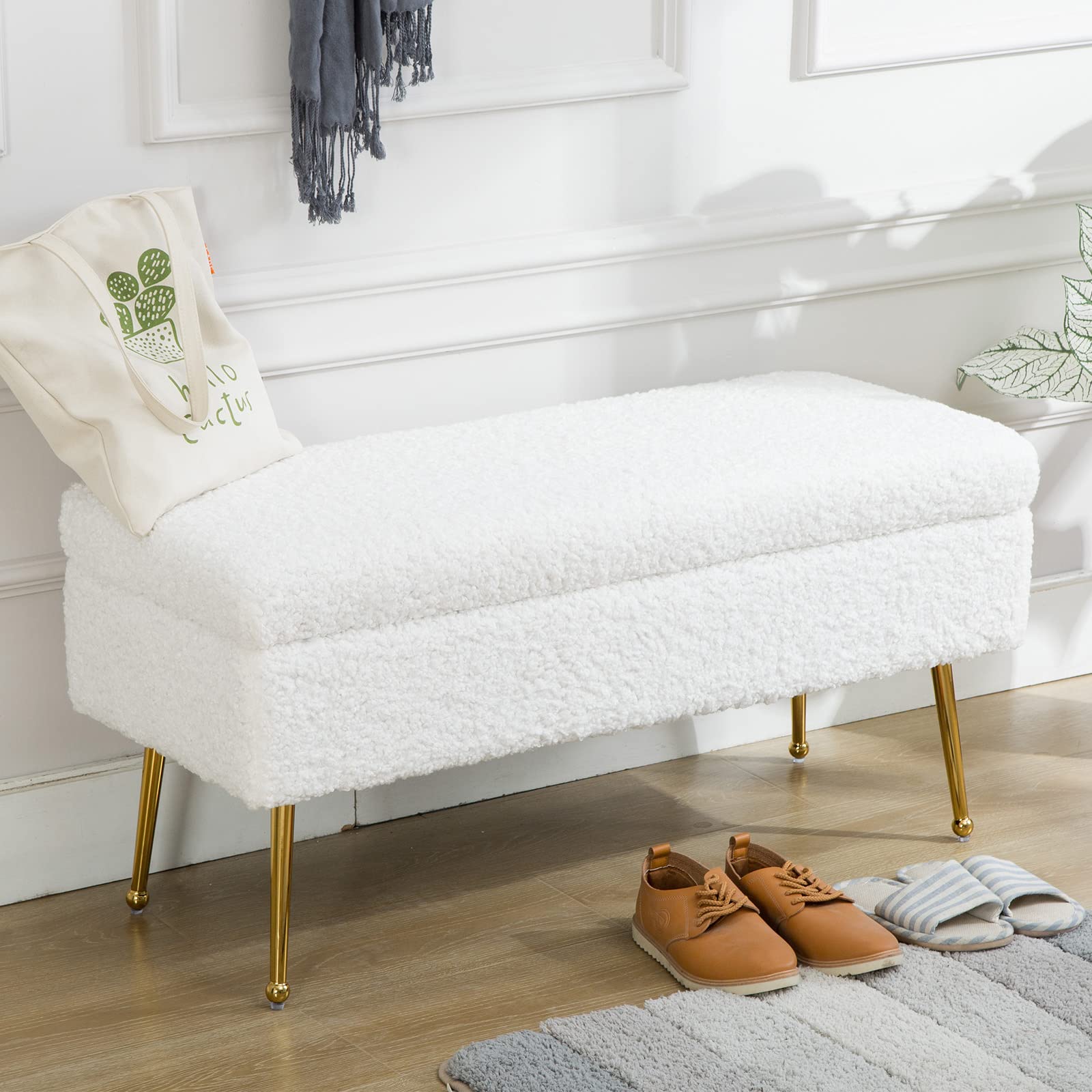Zhenghao White Storage Entryway Bench - Faux Fur Upholstered Modern Bench with Gold Legs for Bedroom, Living Room, Vanity | Space-Saving Seat for Small Spaces & Entryways (Ivory White)