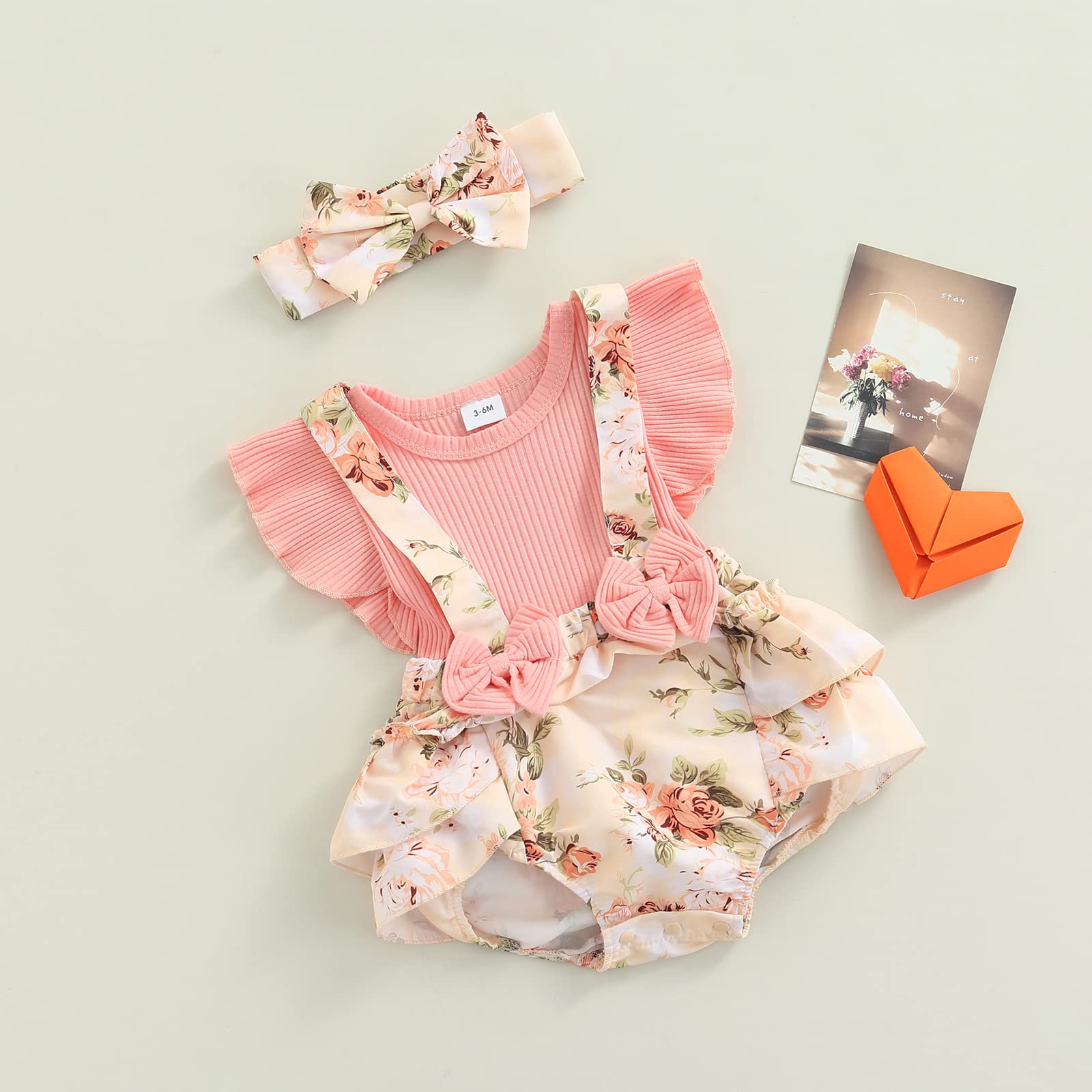 MERSARIPHY Baby Girl Summer Outfit - Soft Cotton Linen Romper with Floral Print & Matching Headband - Cute Infant Bodysuit for Newborns 0-24 Months - Perfect for Outdoor Play, Beach Trips & Photo Shoots