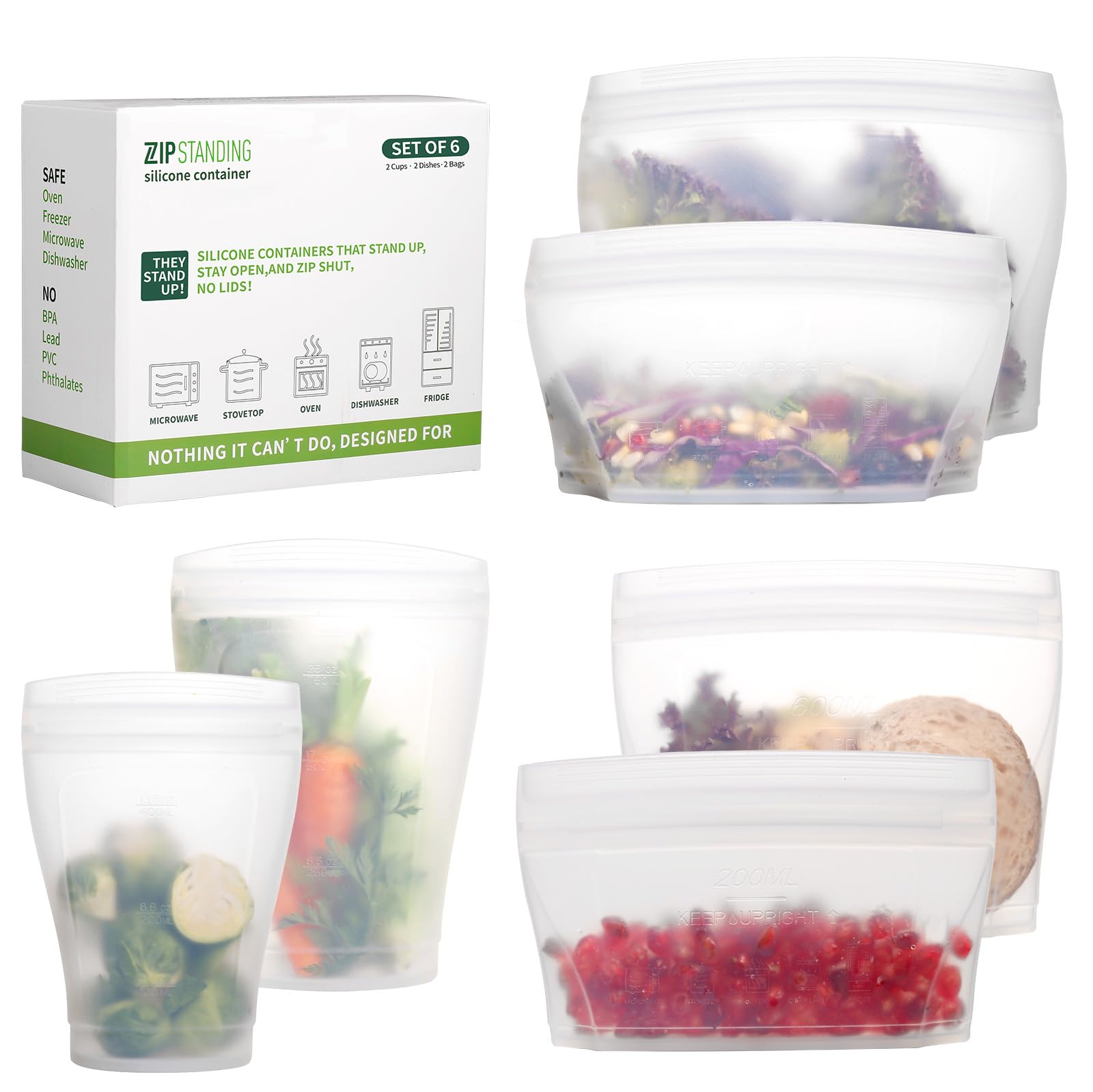 6-Pack Reusable Silicone Food Storage Bags - Eco-Friendly Zip Containers for Fruits, Vegetables & Snacks - Microwave, Dishwasher & Freezer Safe (White) - Perfect for Meal Prep, School Lunches & On-the-Go Snacking