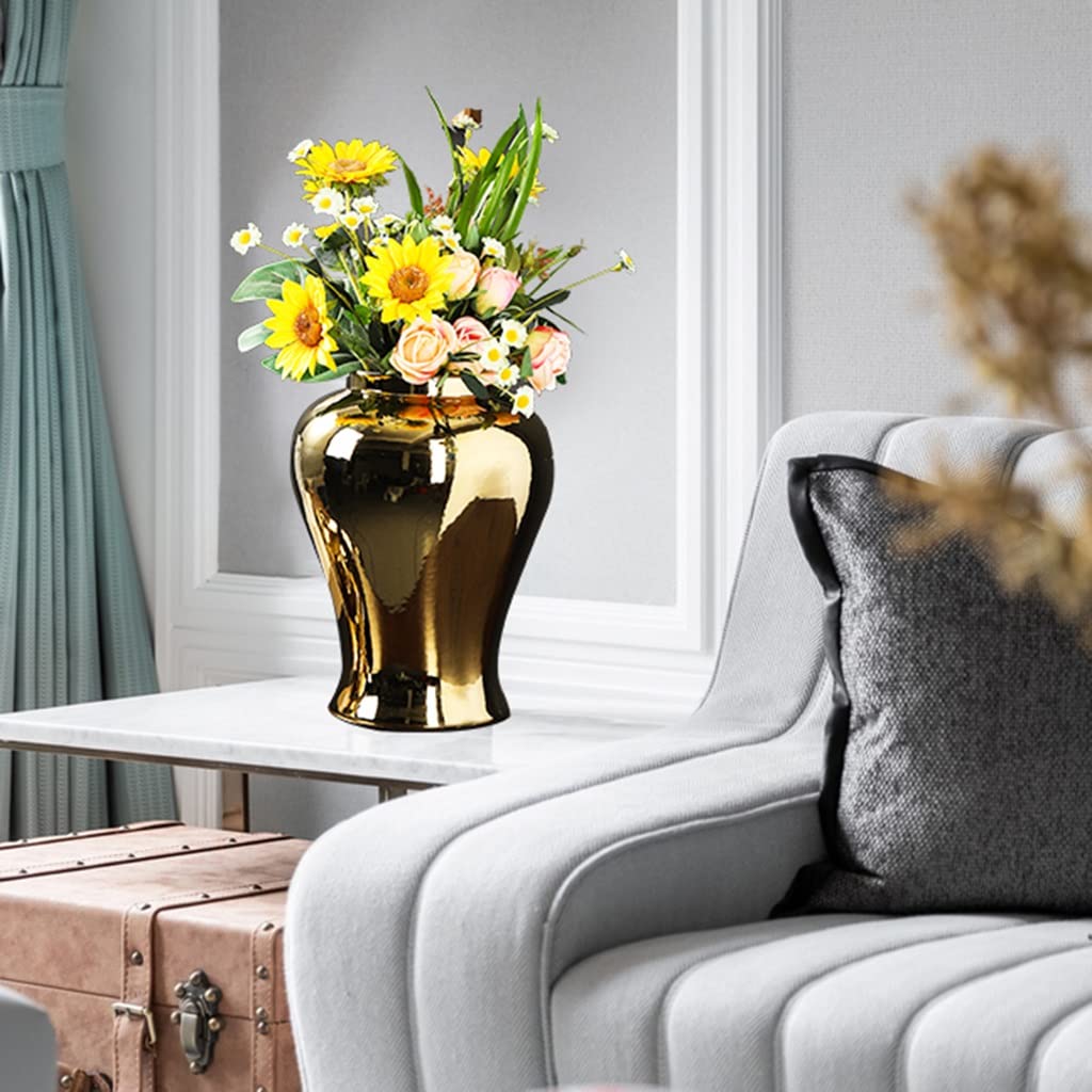 Elegant Gold Ginger Jar - Handcrafted Porcelain Temple Vase with Lid - Large Ceramic Decorative Jar for Home Decor | Perfect for Living Room, Dining Table & Shelf Display