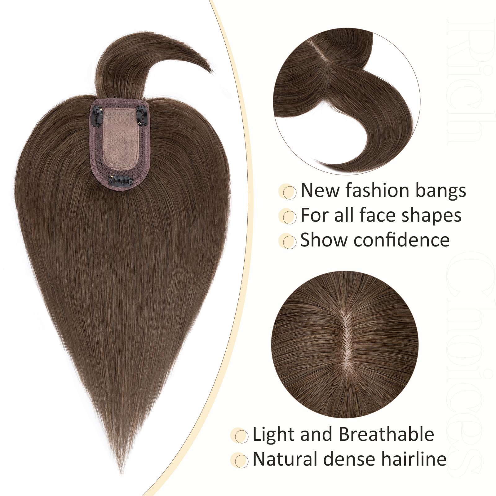 100% Remy Human Hair Toppers for Women with Bangs - 10 Inch Clip-In Hair Topper for Thinning Hair in #2R Chocolate Brown | Natural Looking Hair Replacement for Daily Wear & Special Occasions