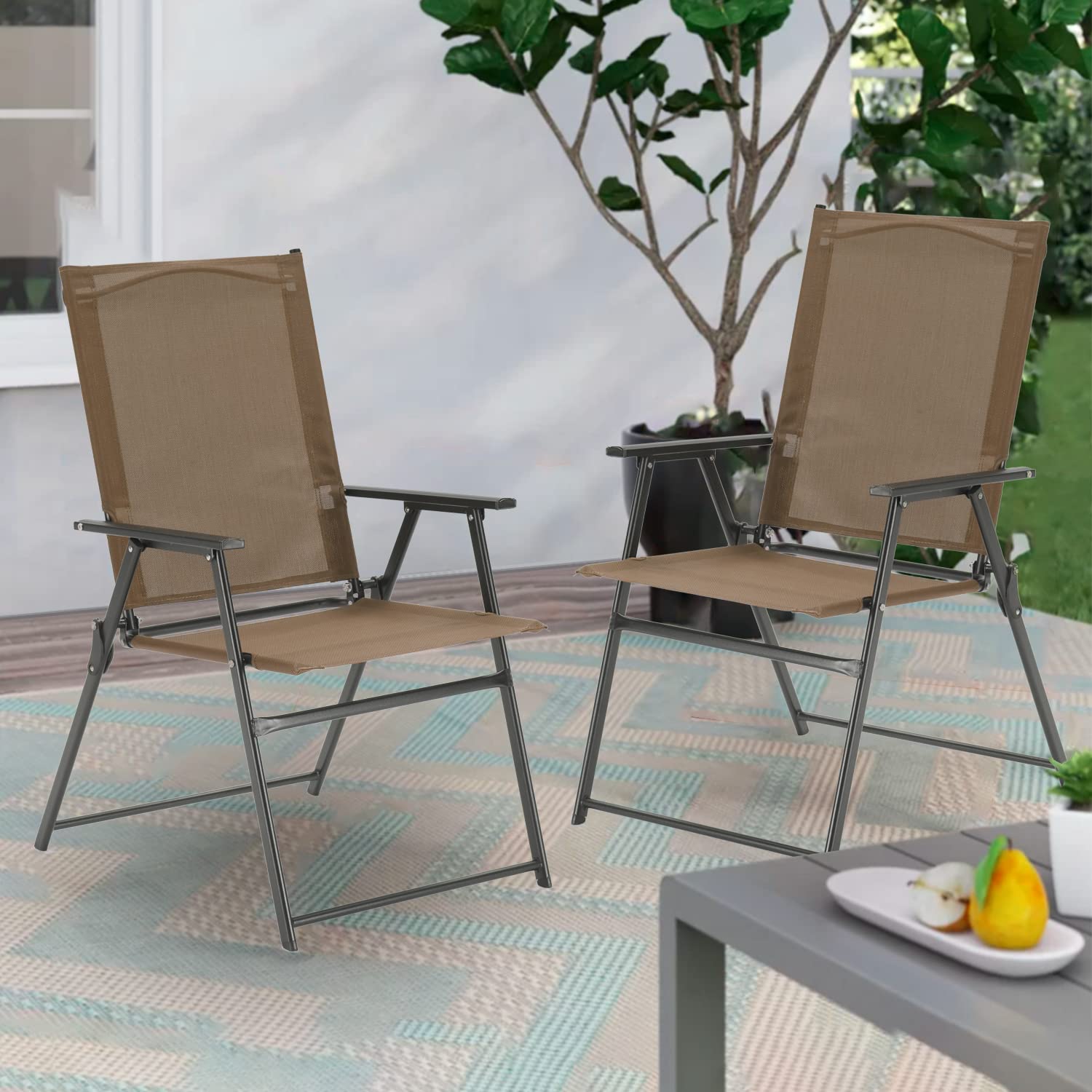 VICLLAX 4-Pack Folding Patio Chairs with Arms - Portable Outdoor Dining Chairs with Sling Back for Garden, Patio, Poolside & Camping - Lightweight & Space-Saving Design for Easy Storage & Transport