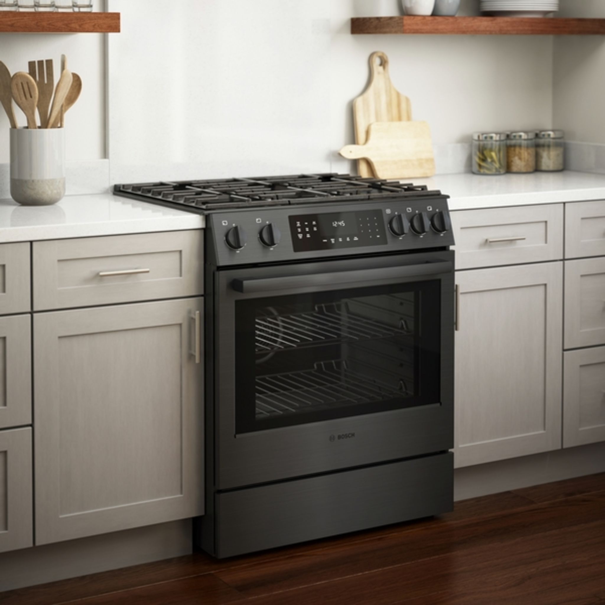 Bosch HGI8046UC 30-inch Slide-In Gas Range - Black Stainless Steel for Modern Kitchen Cooking & Baking