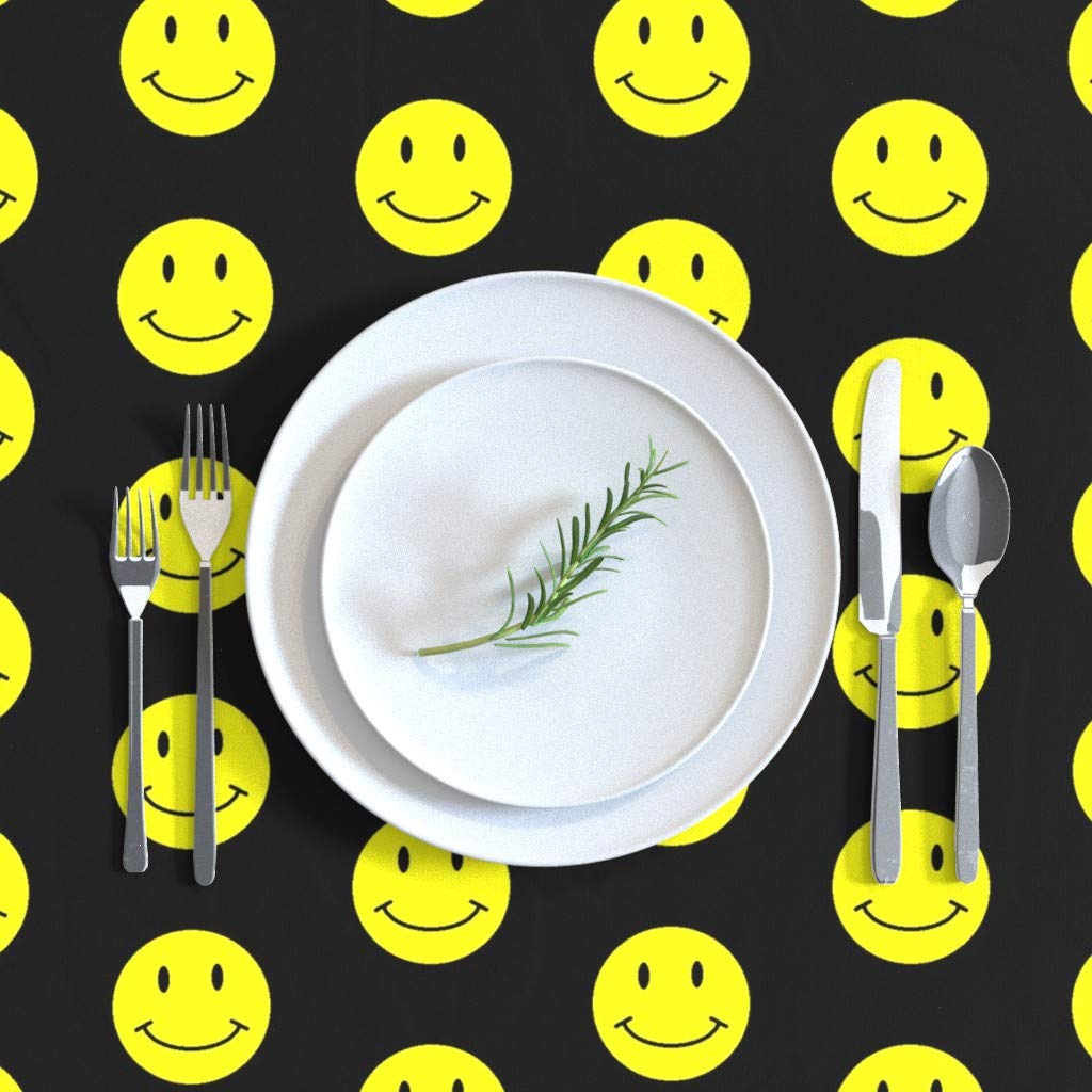 Premium Spoonflower Cotton Sateen Tablecloth 70x90 Inches - Black & Yellow Happy Face Smiley Emoticon Print Custom Dining Table Linen | Waterproof Washable for Parties, Restaurants & Home Decor