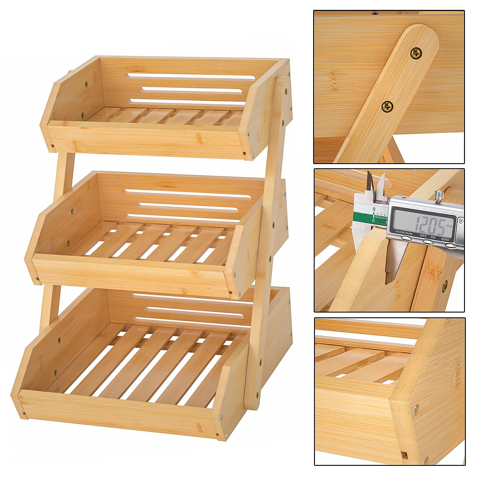 3-Tier Bamboo Fruit Basket Stand for Kitchen Countertop – Sturdy Fruit & Vegetable Holder – Perfect for Bread, Produce Storage & Display – Ideal for Home, Office, or Restaurant Use