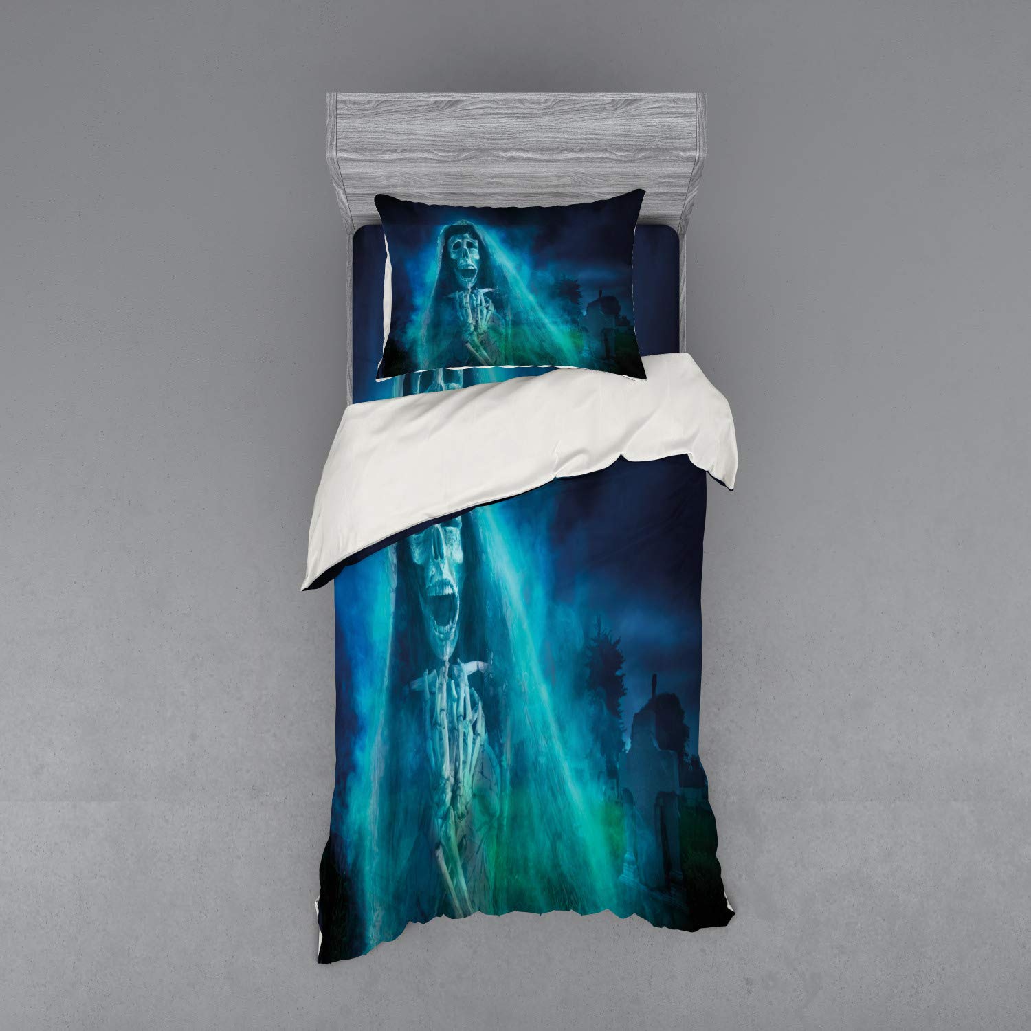 Ambesonne Halloween Bedding Set - Gothic Dark Ghost Skull Digital Print Duvet Cover 3-Piece Set with Pillow Sham & Fitted Sheet, Twin Size, Blue - Perfect for Spooky Bedroom Decor & Horror Theme Parties
