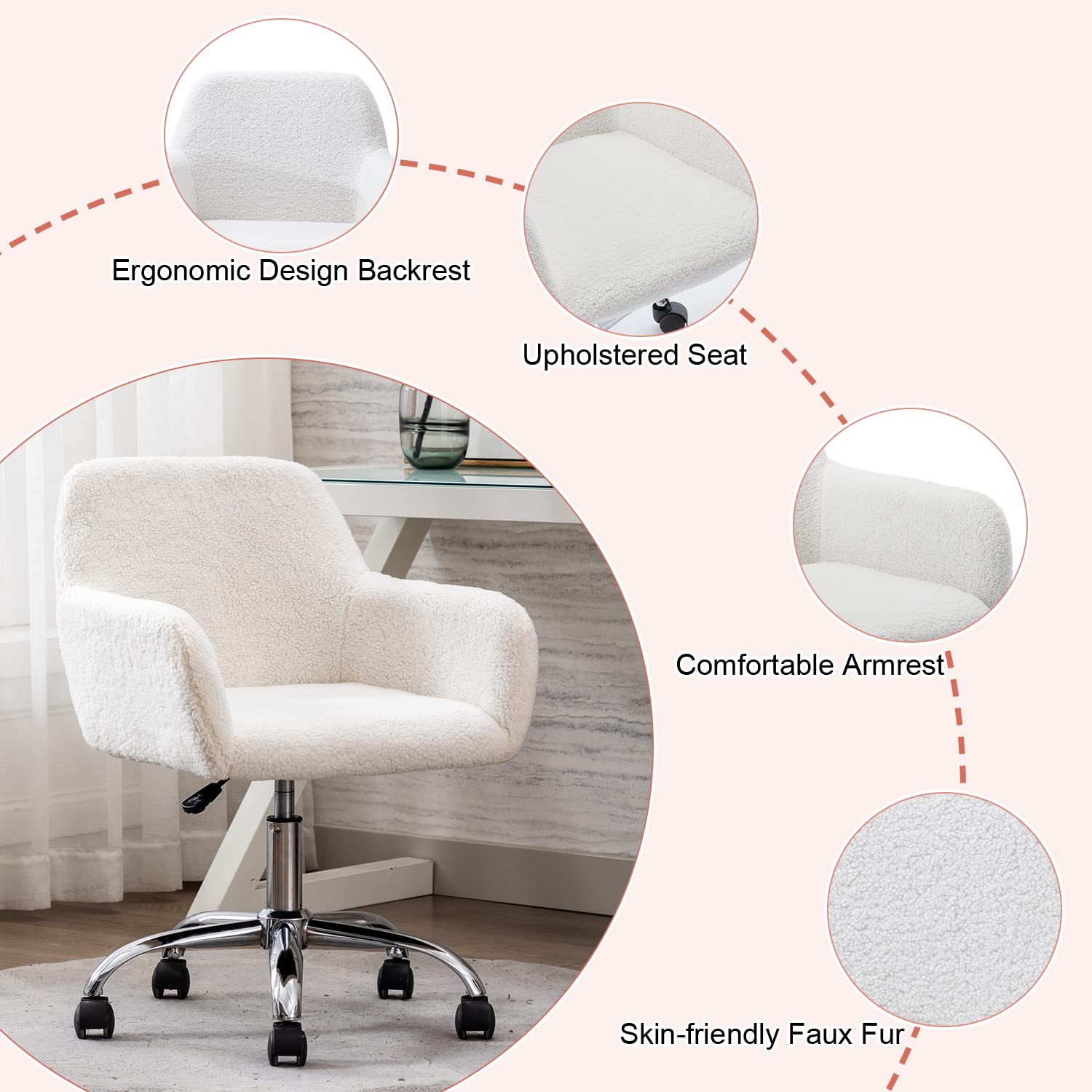 Yoluckea Modern Velvet Home Office Chair - Adjustable Swivel Vanity Accent Chair for Girls & Women, Soft Cute Makeup Chair for Bedroom, Living Room, Dressing Room (White) | Perfect for Home Office, Beauty Salon, Makeup Station & Study Room