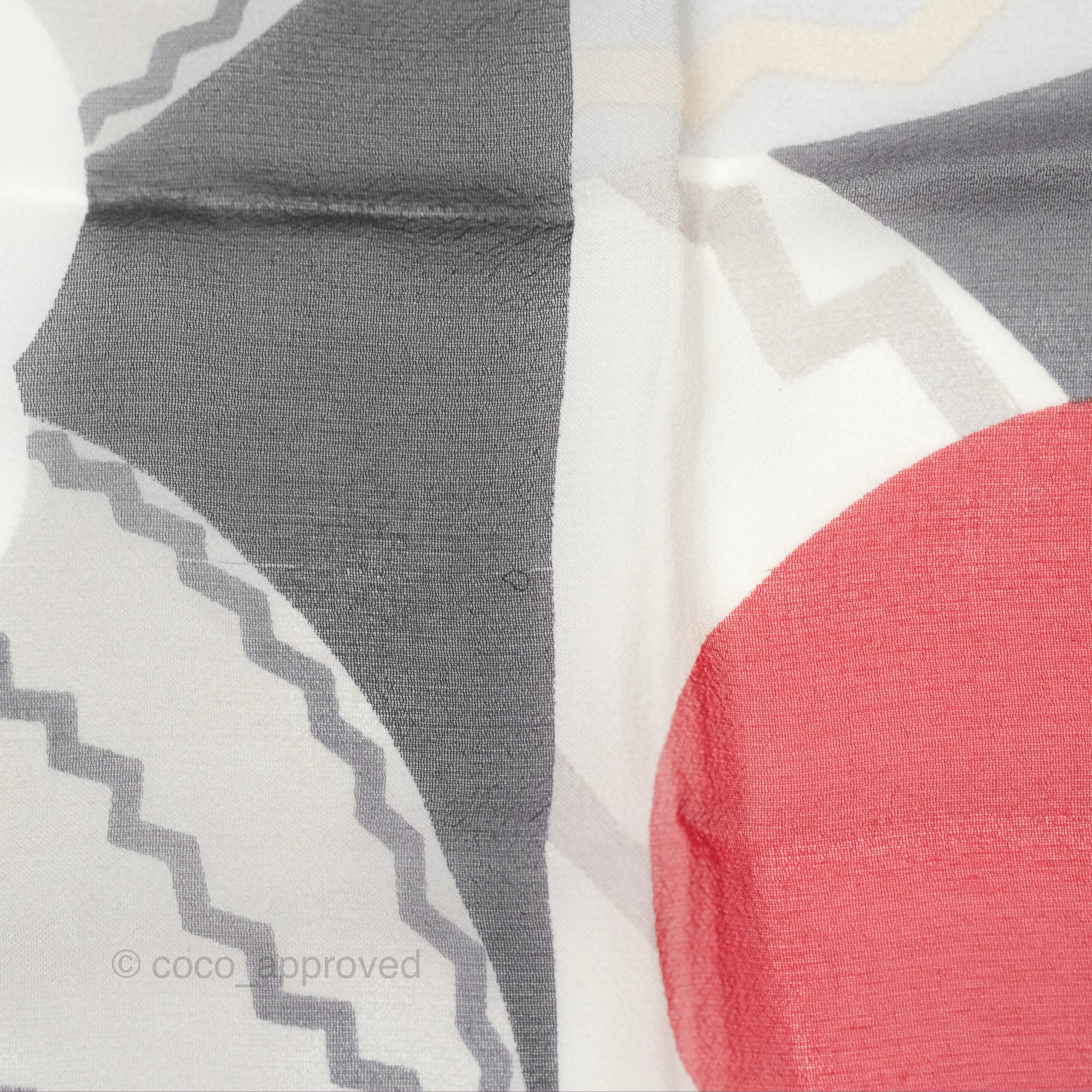 Chanel CC Silk Square Scarf 90 - Elegant Grey Red White Pattern - Luxury Fashion Accessory for Women - Perfect for Gifts, Parties, and Everyday Style