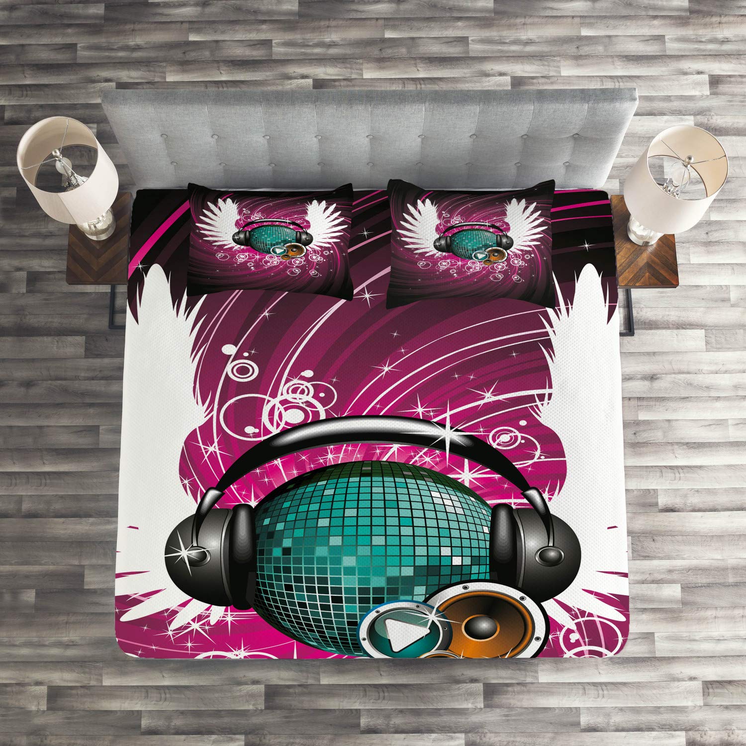 Ambesonne Popstar Party Quilt Set - Disco Ball with Headphones & Angel Wings Design, Vibrant Swirl Circles Pattern, 3-Piece Queen Size Bedspread with 2 Pillow Shams in Magenta Black Teal - Perfect for Teen Bedrooms, Music Lover Gifts & Themed Party Decor