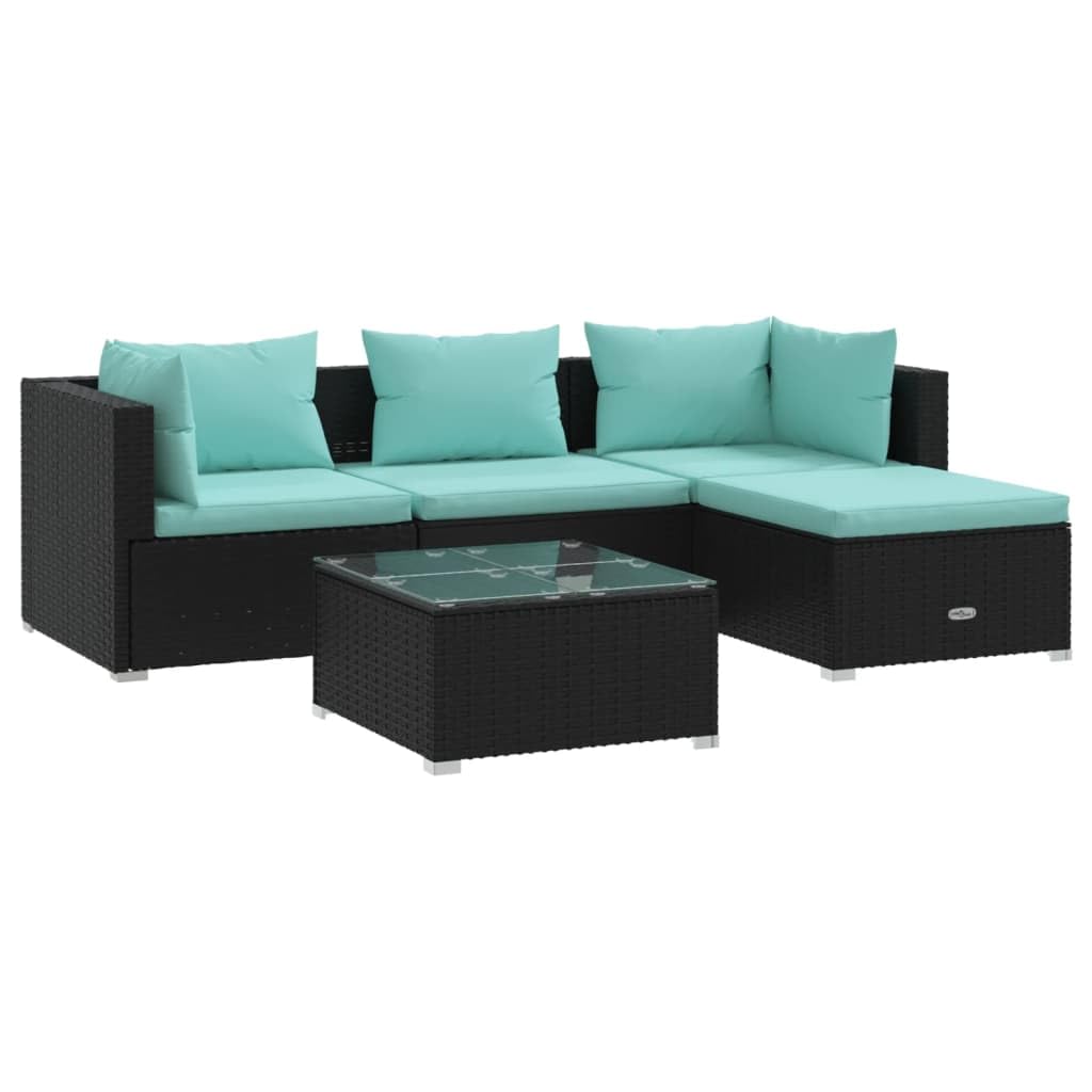 vidaXL 5-Piece Patio Lounge Set - Outdoor Garden Furniture, Black Poly Rattan Sectional Sofa with Cushions - Perfect for Backyard, Poolside & Patio Relaxation