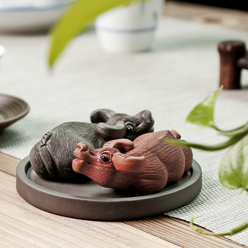 Yixing Clay Ba Gua Buffalo Tea Pet - Handmade Chinese Ceramic Tea Companion for Gongfu Tea Ceremony, Good Luck Symbol & Decoration for Tea Table